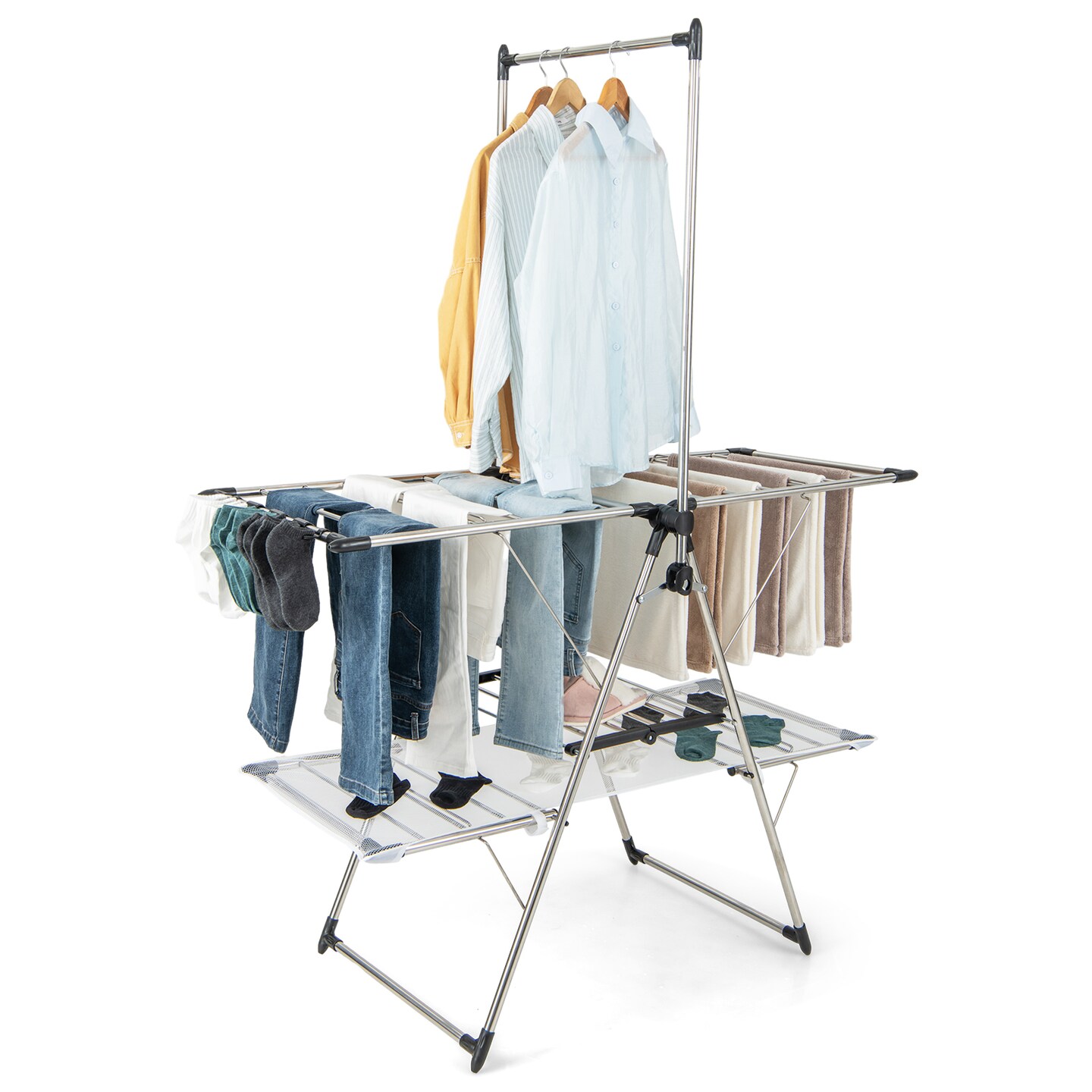 Silver 2-Tier Foldable Clothes Drying Rack with Tall Hanging Bar and Height Adjustable Gullwings