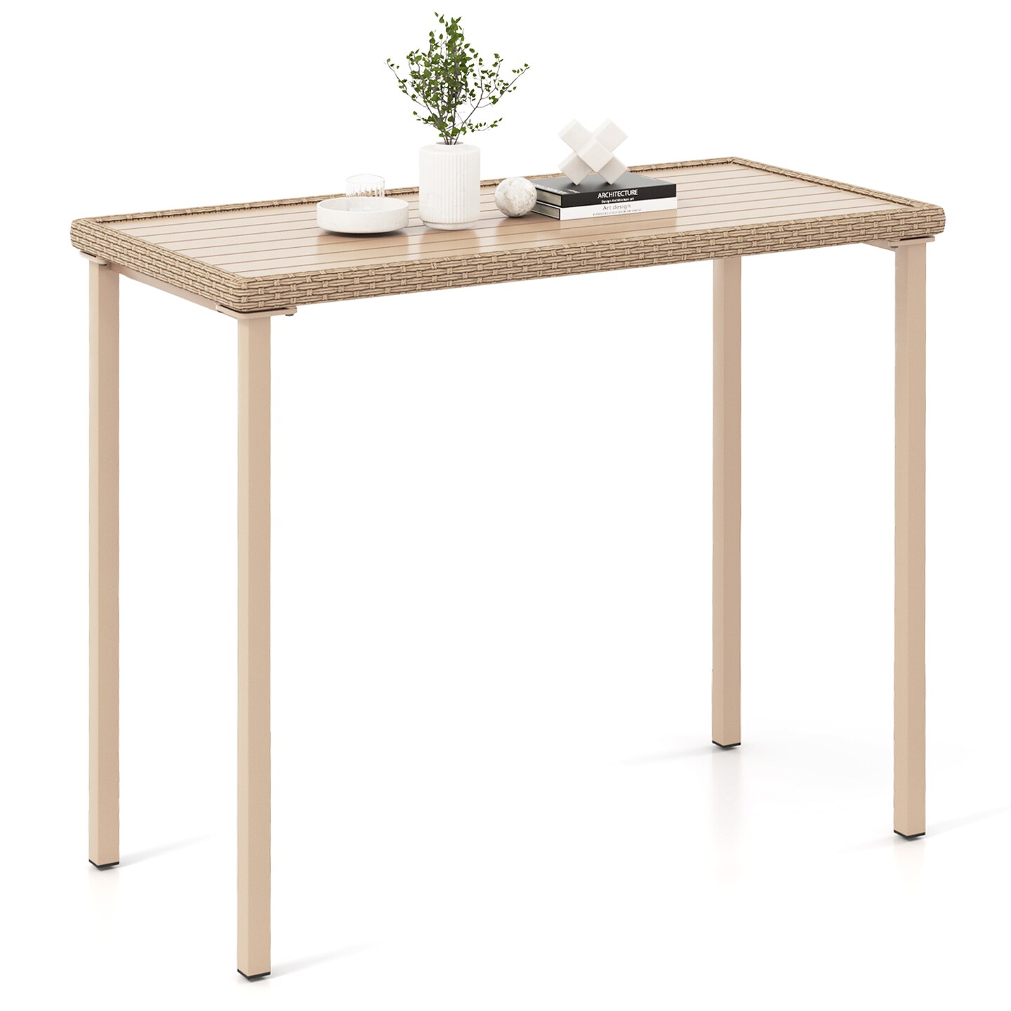 Light Brown Metal and PE Rattan Bar Table with Spacious Top and Sturdy Frame