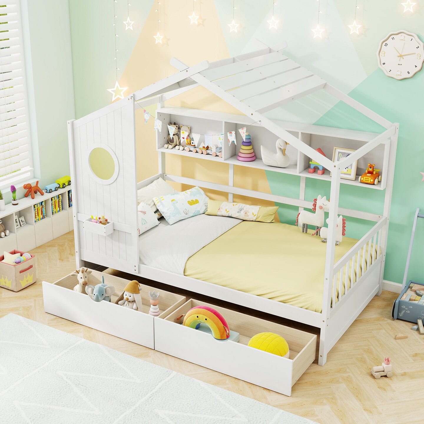 Twin Size Pine Wood House Bed with Storage Drawers, Guardrails and Shelves