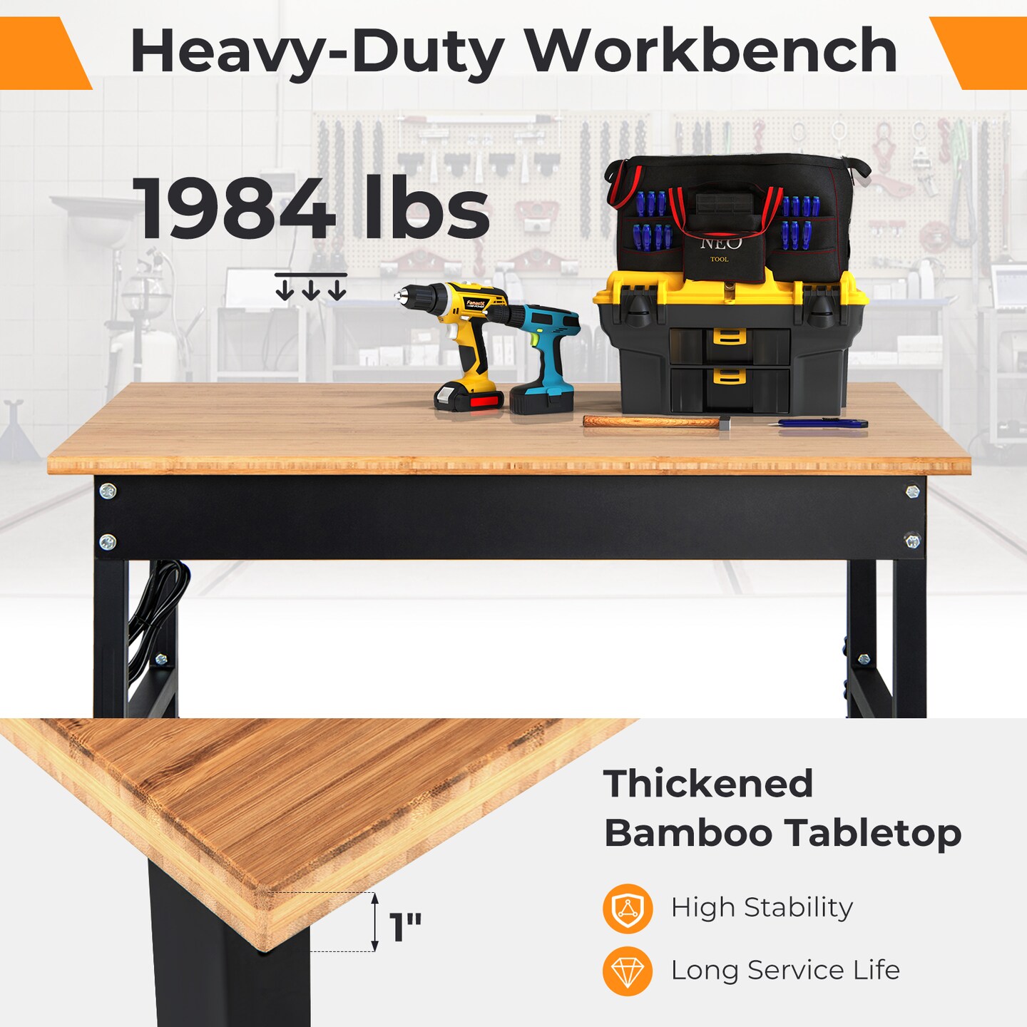 Natural Wicker Adjustable Workbench/Computer Desk/Dining Table with AC Outlets and USB Ports