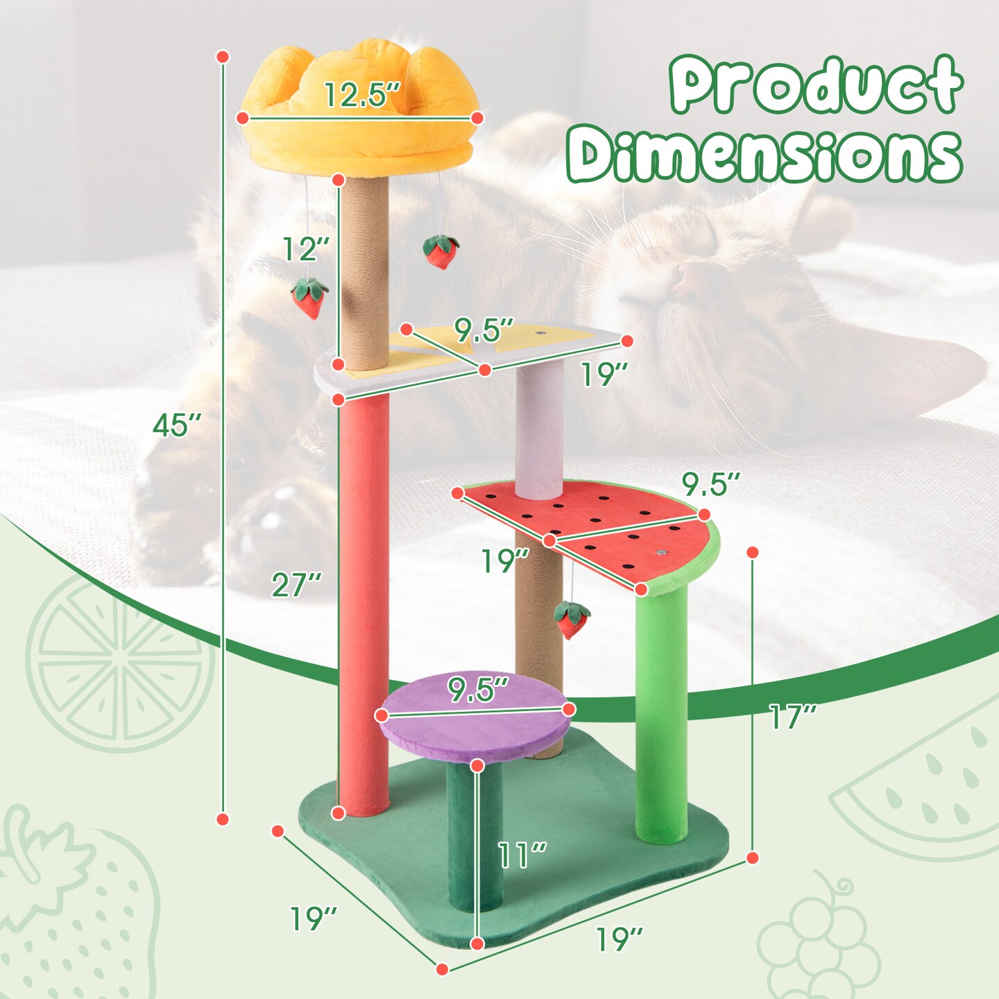 Multi-Color Plush Cat Tree with Scratching Posts and Fruit-Themed Perches