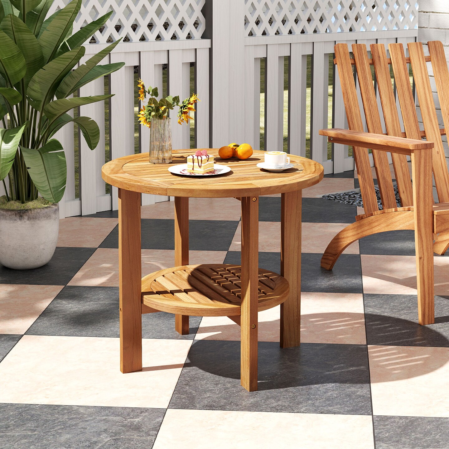Natural Teak Wood 2-Tier Side Table with Slatted Design, Storage and Outdoor Versatility