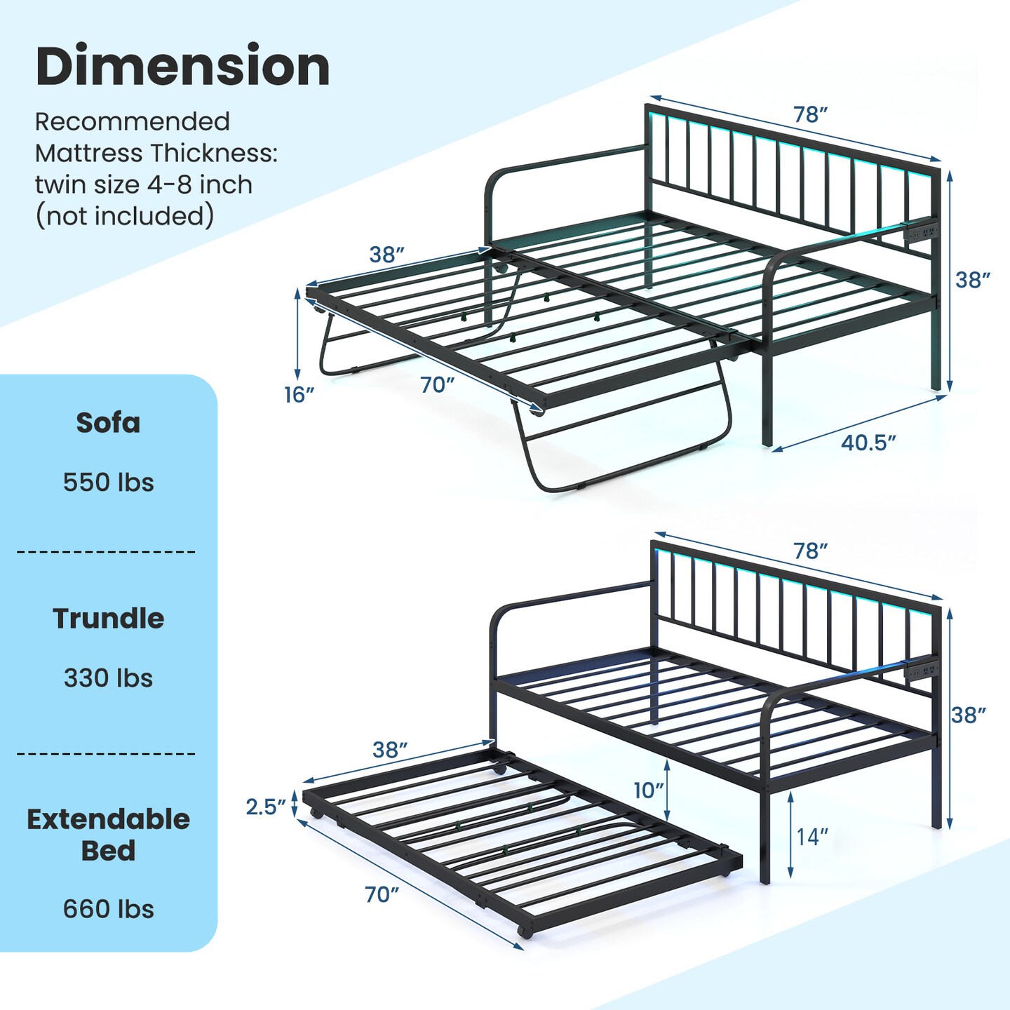Black Metal Daybed with Pop-up Trundle, LED Lighting, Charging Station and USB Ports