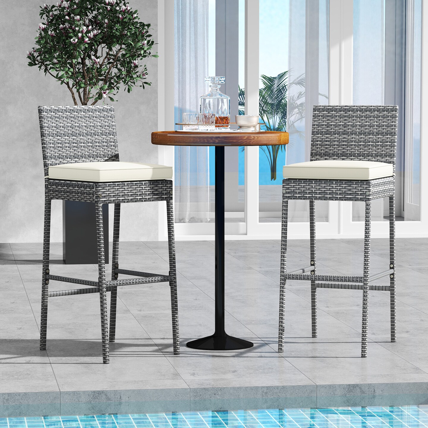 30" Inch Patio Wicker Bar-stools with Soft Seat Cushion and Footrest Ideal for Backyard or Balcony