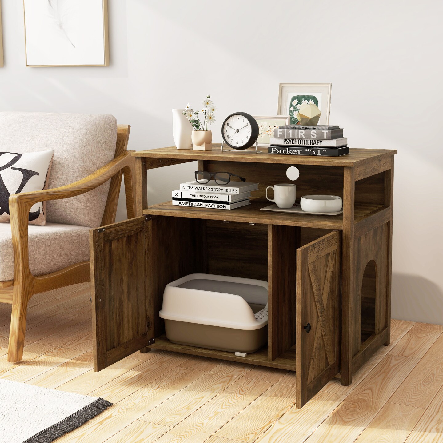 Cat Litter Box Enclosure with Double Barn Doors and Storage Shelf Ideal for Indoor Pet Use