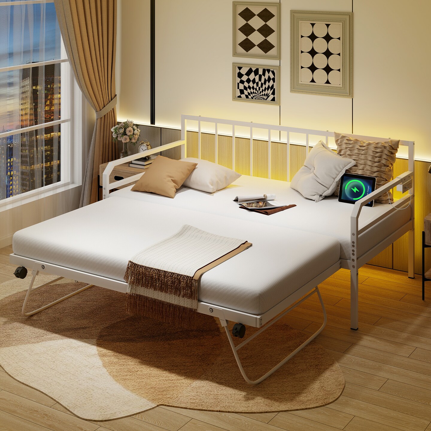 Adjustable Twin Daybed with Pop-Up Trundle, LED Lights and Power Strip