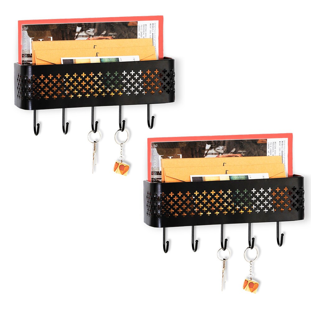 Set of 2 Wall-Mounted Entryway Organizers &#x2013; Rust-Resistant Steel Key Hooks &#x26; Storage Shelf with 5 Hooks, Compact 11&#x22;x3&#x22;x3&#x22; Design for Mail, Keys, Essentials