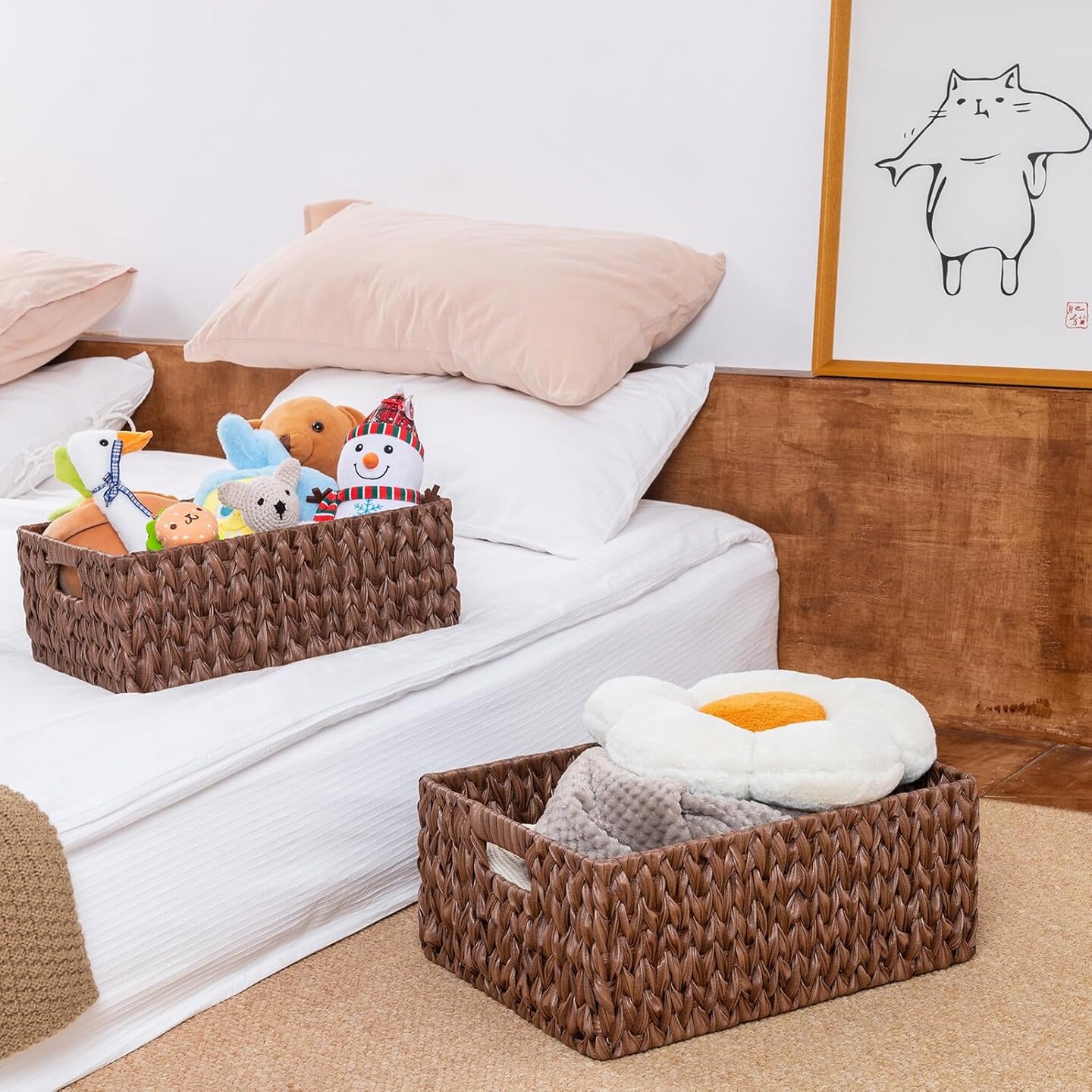 Large Spring Wicker Basket, Waterproof Wicker Storage Basket, Odorless Plastic Woven Baskets for Organizing, Rectangle Rattan Baskets with Handle