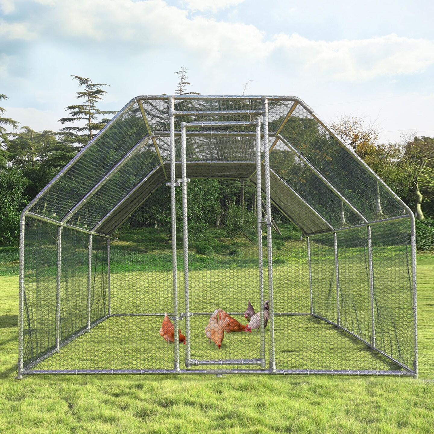 Grey Large Walk In Chicken Coop with Lockable Steel Door and PVC Coated Hexagonal Wire Mesh