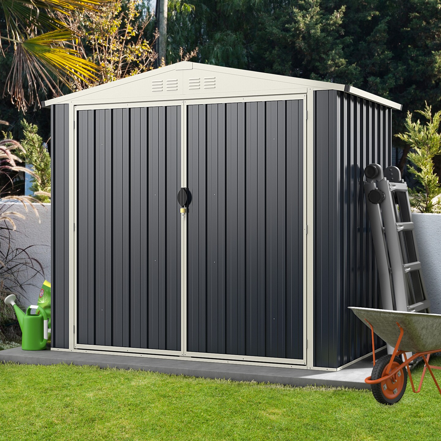 Grey 7 x 4 Feet Metal Multi-functional Outdoor Storage Shed with 2 Lockable Door