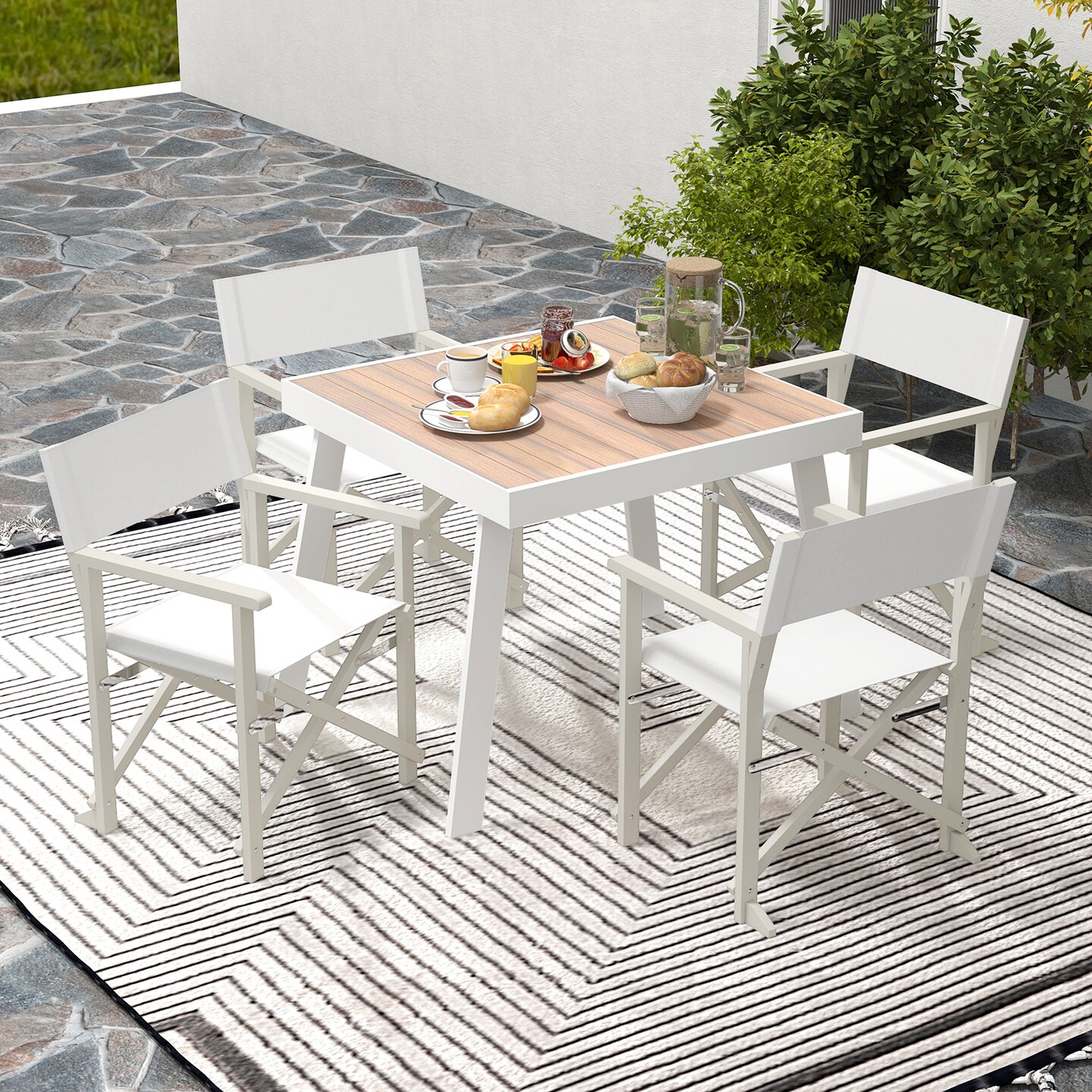 Off White Wooden Foldable Outdoor Chair with Comfortable Backrest and Armrests