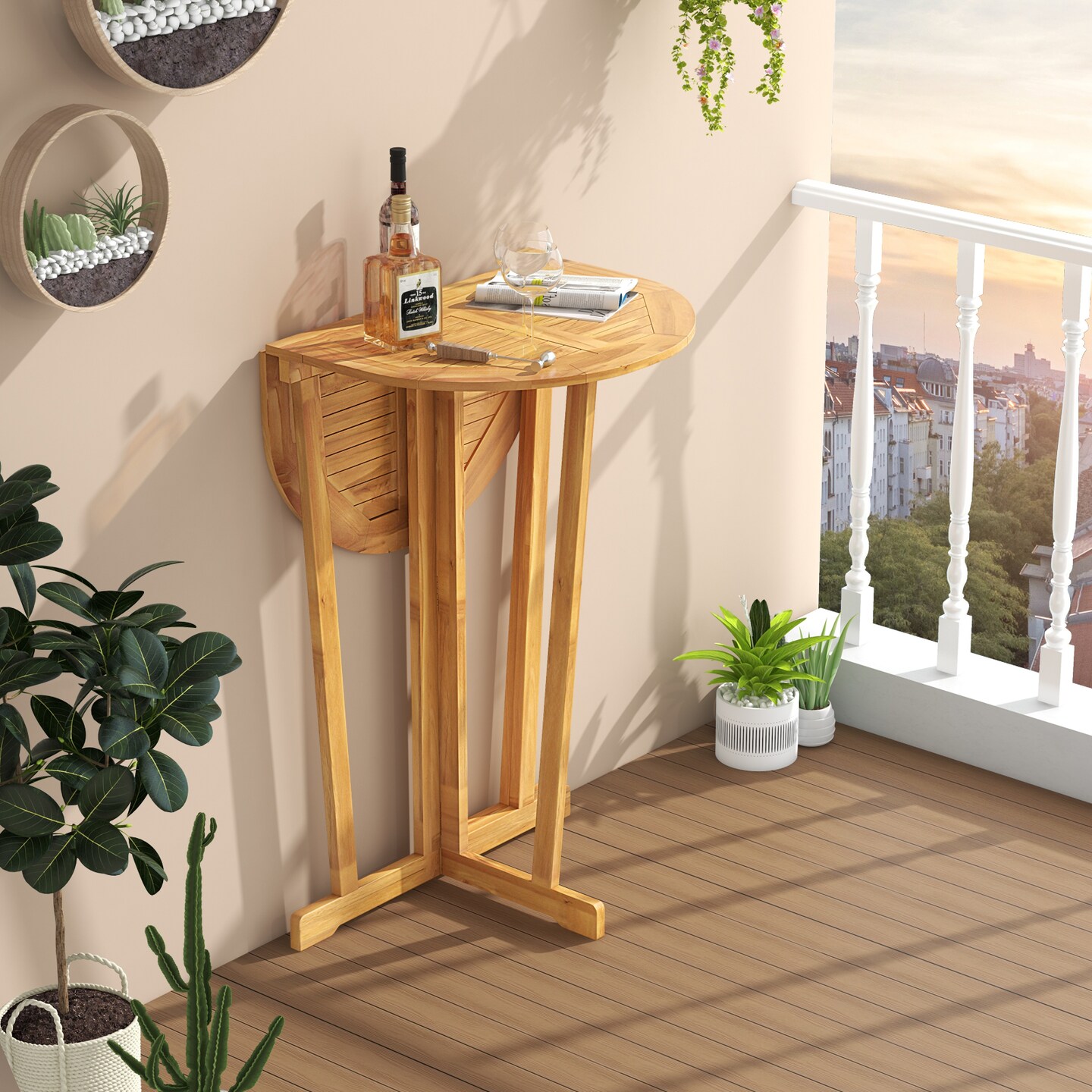 Natural Teak Wood Folding Bar Table with Oval Top, Cross Base and Space-Saving Design