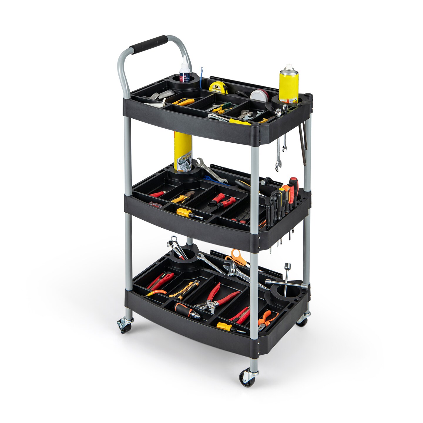 Black 3 Tier Rolling Tool Cart Metal Detailing Organizer Storage Cart with Wheels Utility Service Cart with Shelves Bottle Holders for Garage Salon Beauty Shop Home Use