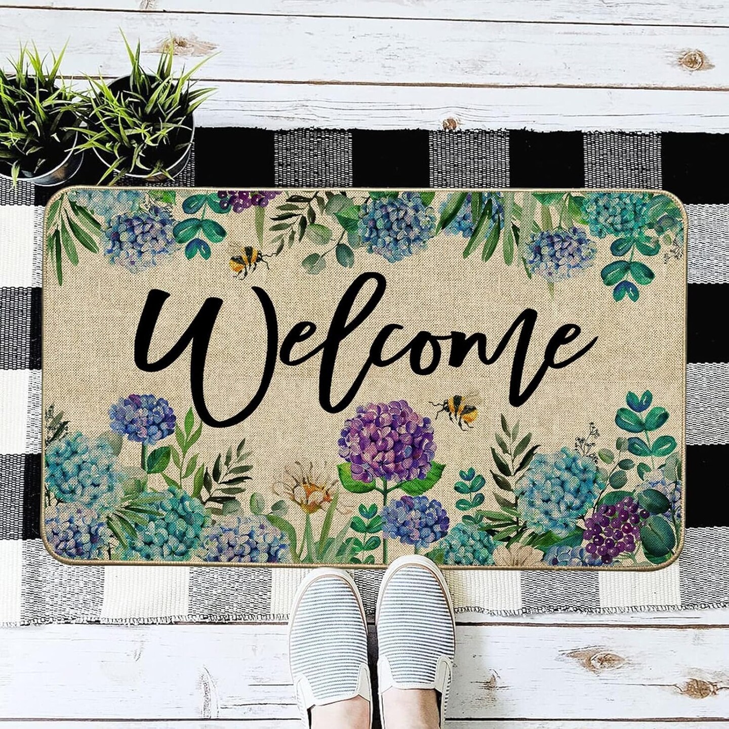 Spring Summer Hydrangea Doormat Outdoor Rug Purple Blue Flower Floral Front Welcome Decorative Door Mat Anti-Slip Rubber for Seasonal Kitchen Entrance Indoor Floor Decoration 17 x 29 Inch