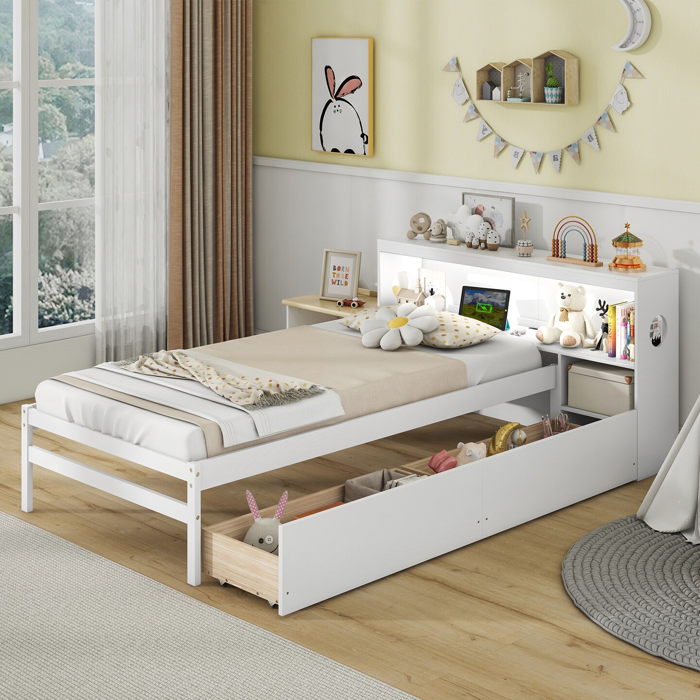 Solid Wood Bed with Storage Headboard, LED Light, USB Ports and Drawers