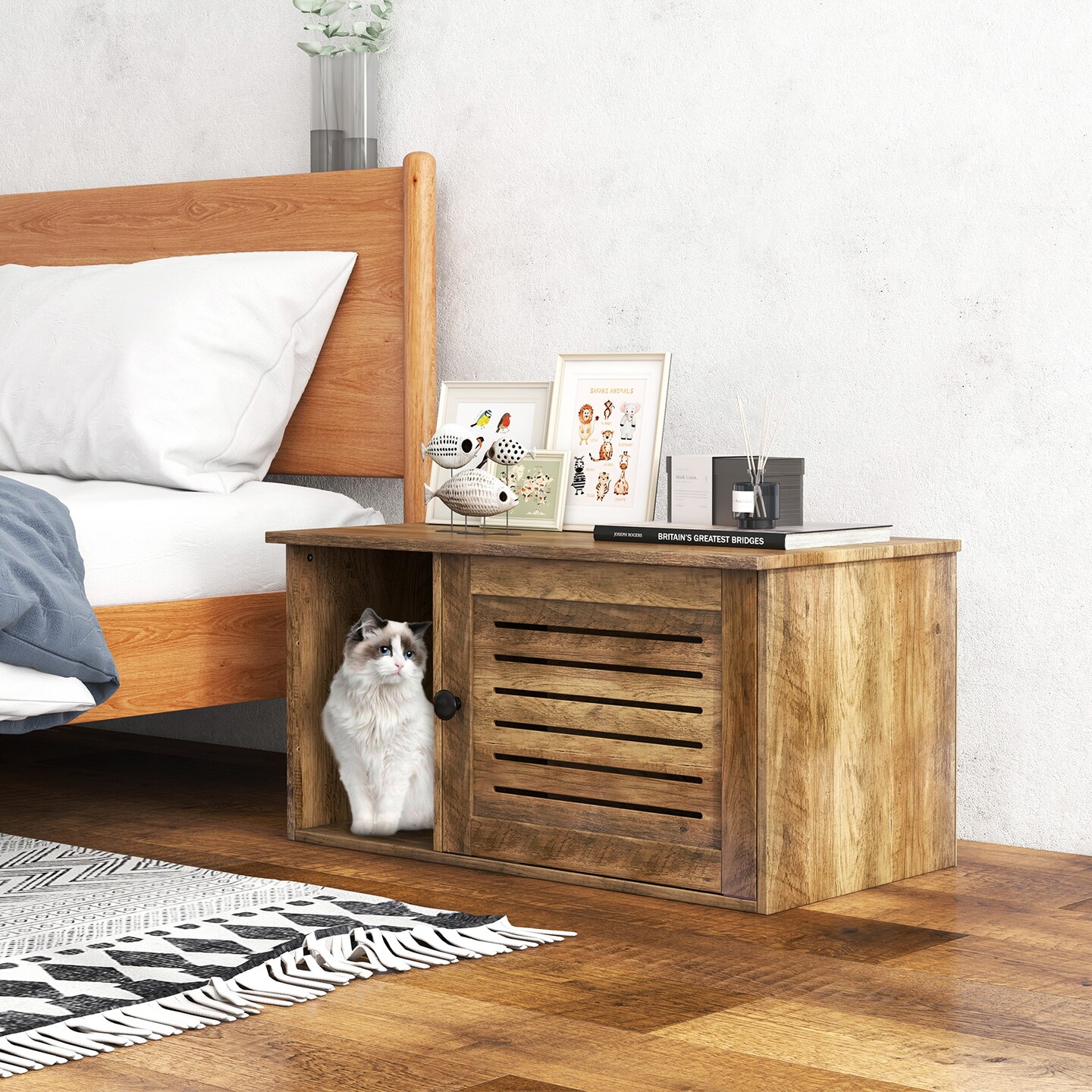 Oak Wooden Cat Litter Box Enclosure with Open Compartment and Louvered Shutter Door