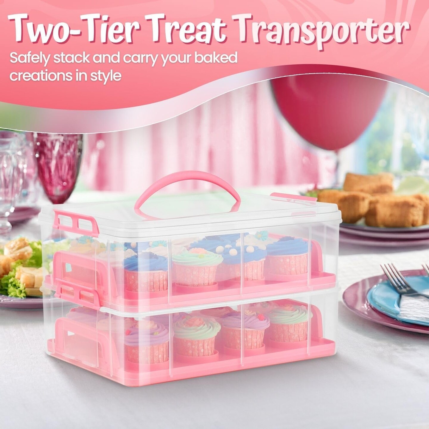 Cupcake Carrier, Cupcake Holder for 24 Cupcakes, Portable and Reusable Rectangular Cake Carrier with Lid and Handle, 2 Tier Stackable Layer Insert (Pink)