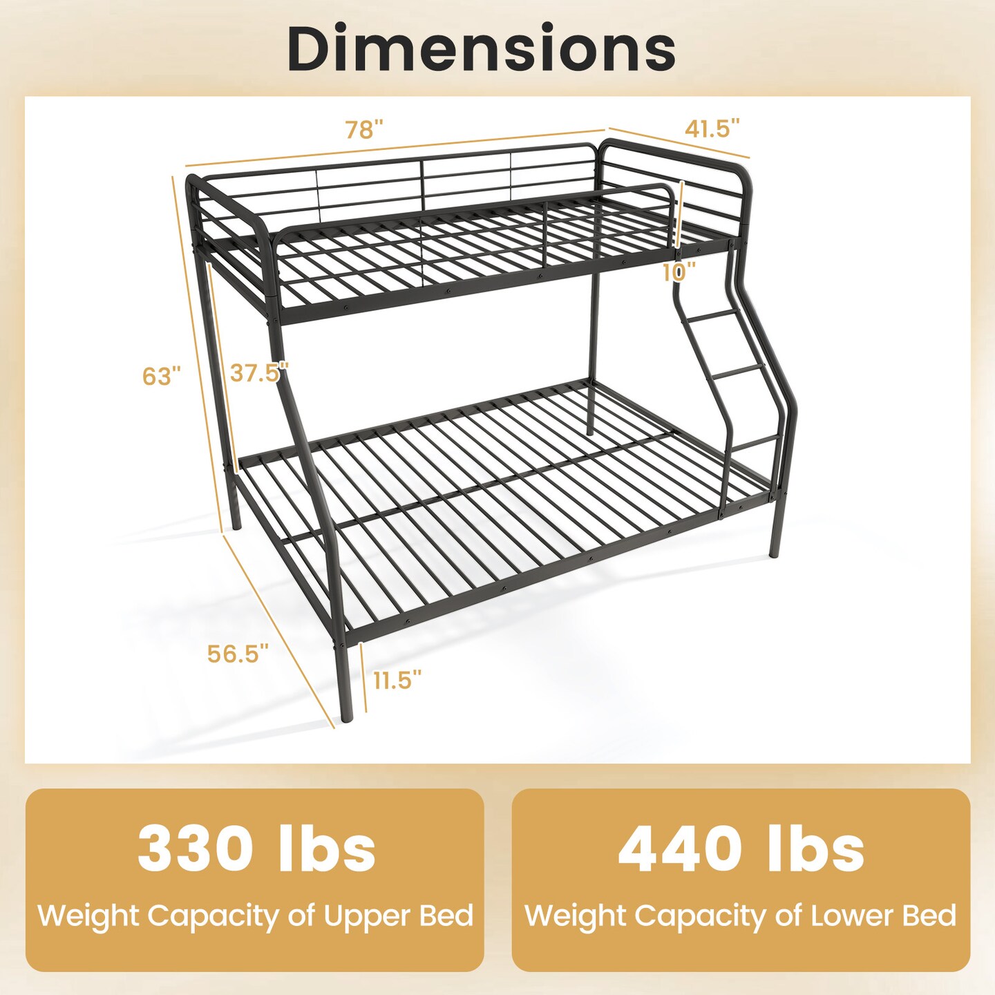 Twin Over Full Metal Bunk Bed with Guardrails, Ladder, Storage Space and Sturdy Construction