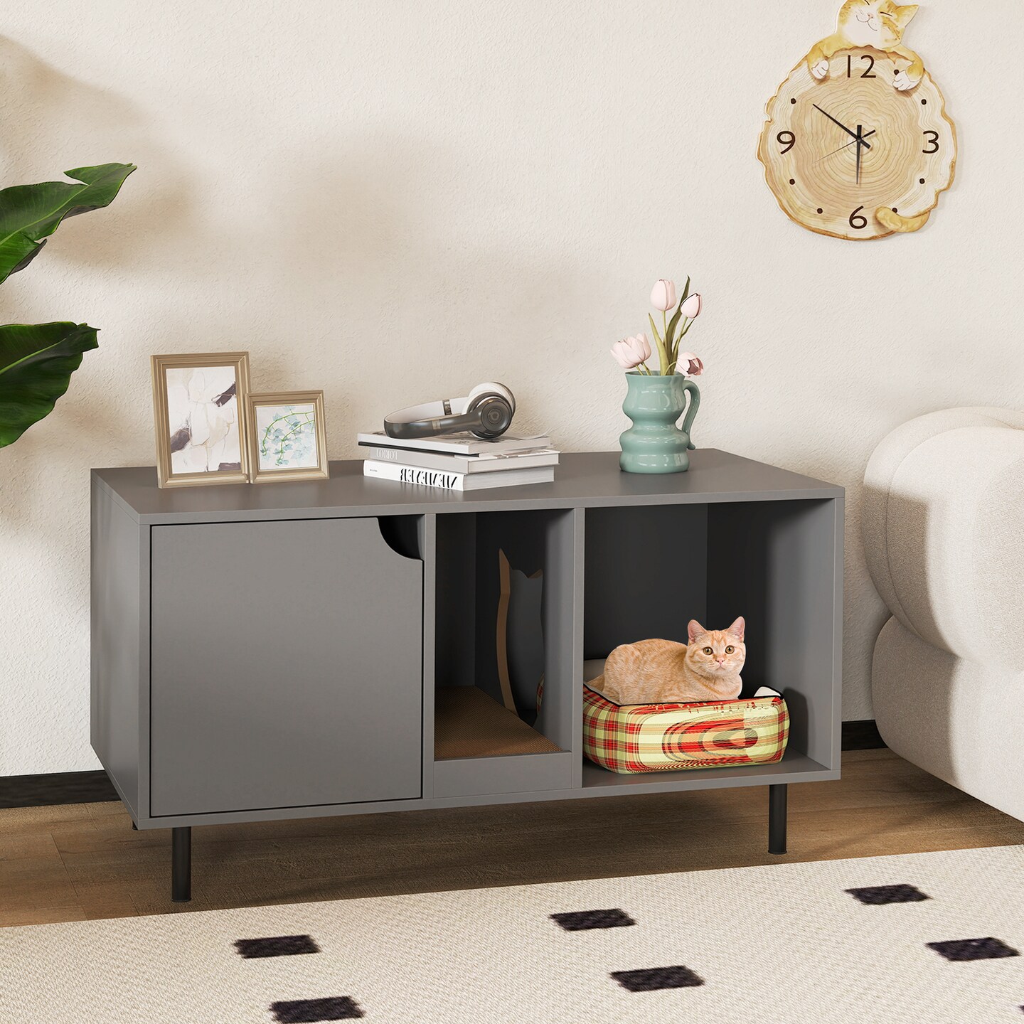 Engineered Wood Cat Litter Box Cabinet with Scratcher and Storage
