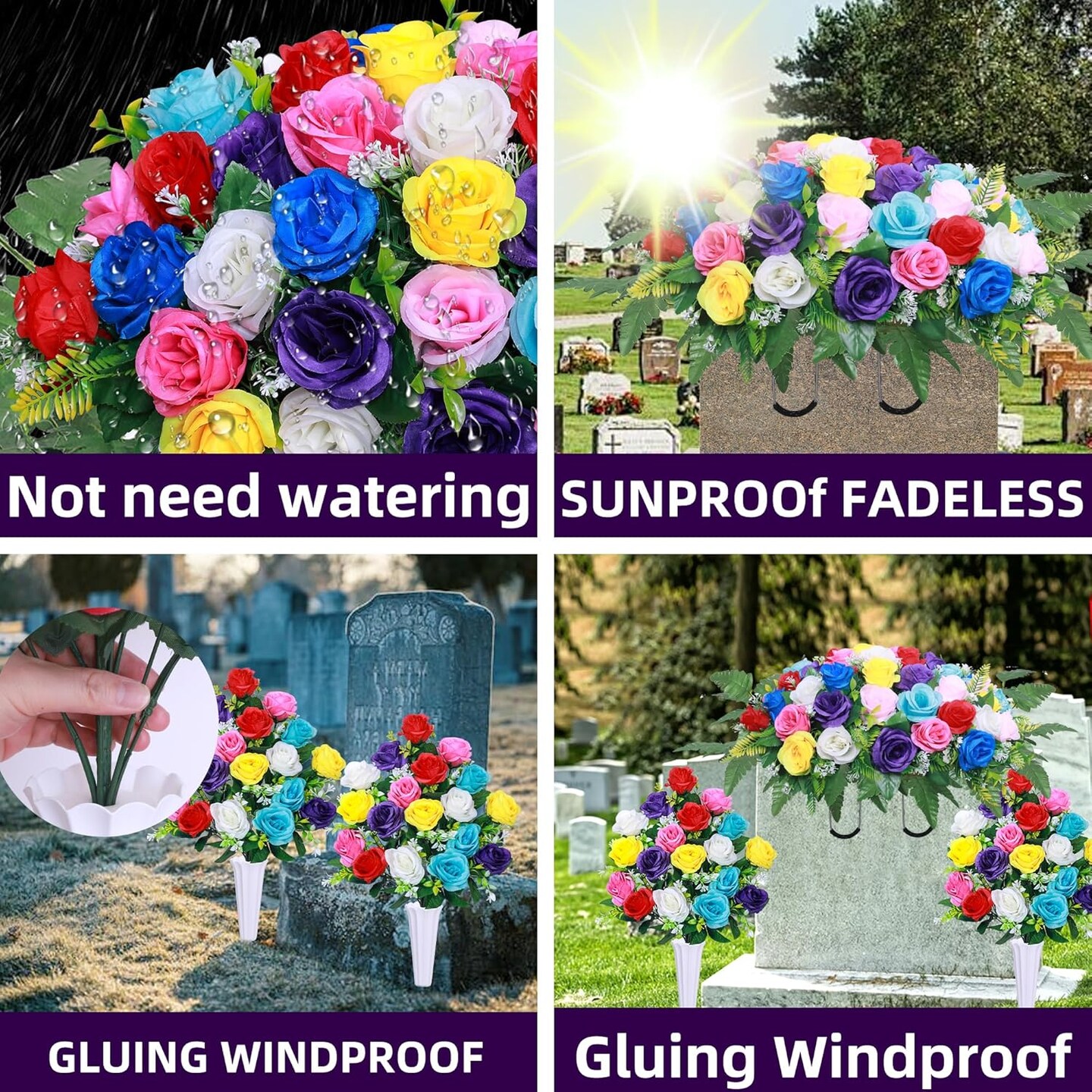 Artificial Cemetery Flower Saddles,Artificial Silk Flower Arrangement for Headstones,Cemetery Memorial Flowers with Vase for Grave Tombstone Decorations (Colour, 1 Saddle 2 Bouquets)