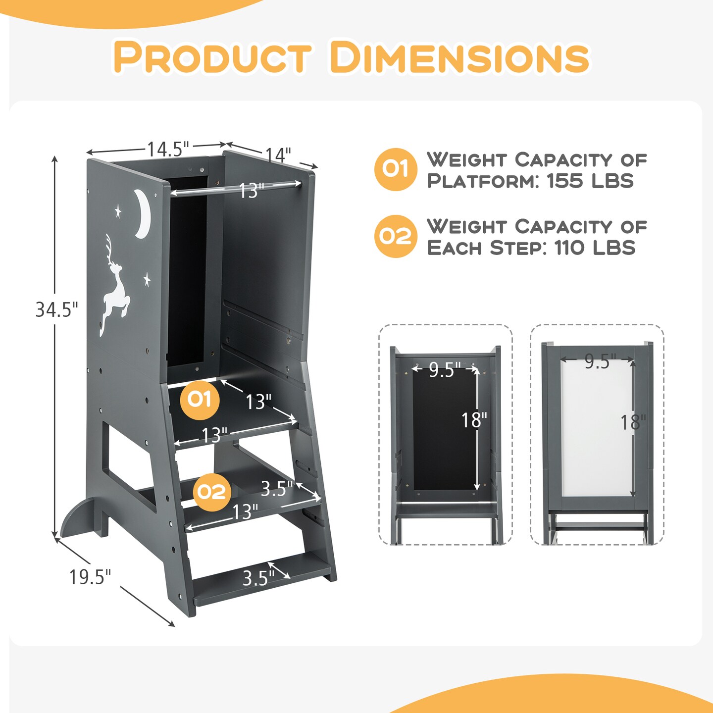 3 in 1 Multi-functional Design Kids Kitchen Standing Stool Tower with Chalkboard and Whiteboard