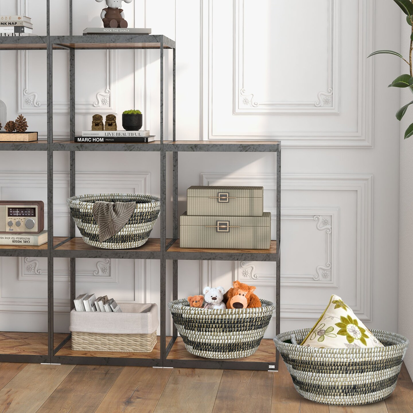 Canes Grass Storage Baskets, Stackable, Bohemian Design, 3-Piece Set