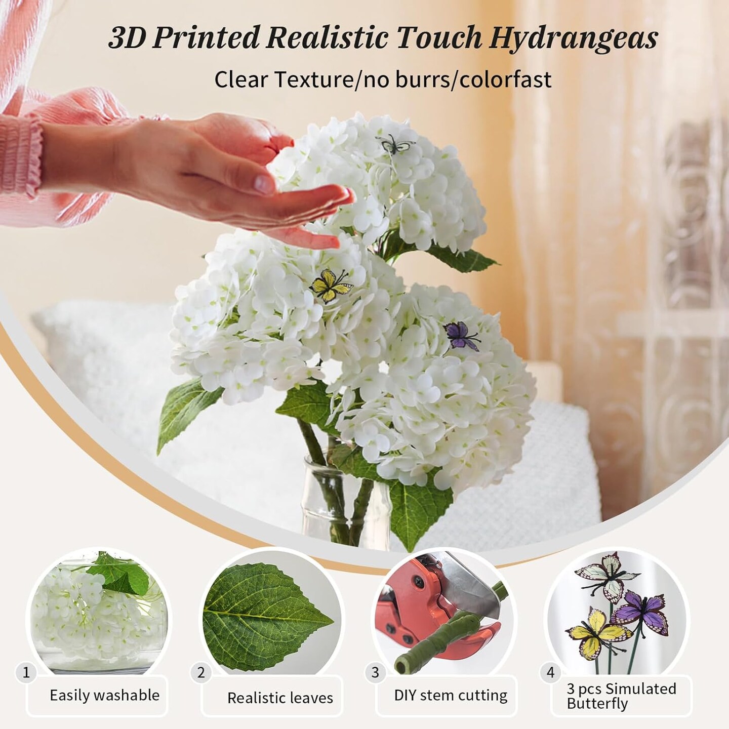 3 PCS White Hydrangea Artificial Flowers,Real Touch Faux Hydrangea Flowers and 3 PCS Butterflies for Hydrangea Decor,Floral Arrangements for Centerpiece Table Decorations,Home Decor,Funeral Flowers, Spring Flowers