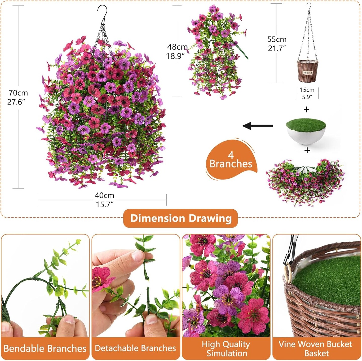 Artificial Flowers Hanging Baskets, 4 Bundles Outdoor Hanging Basket Spring Summer Decoration