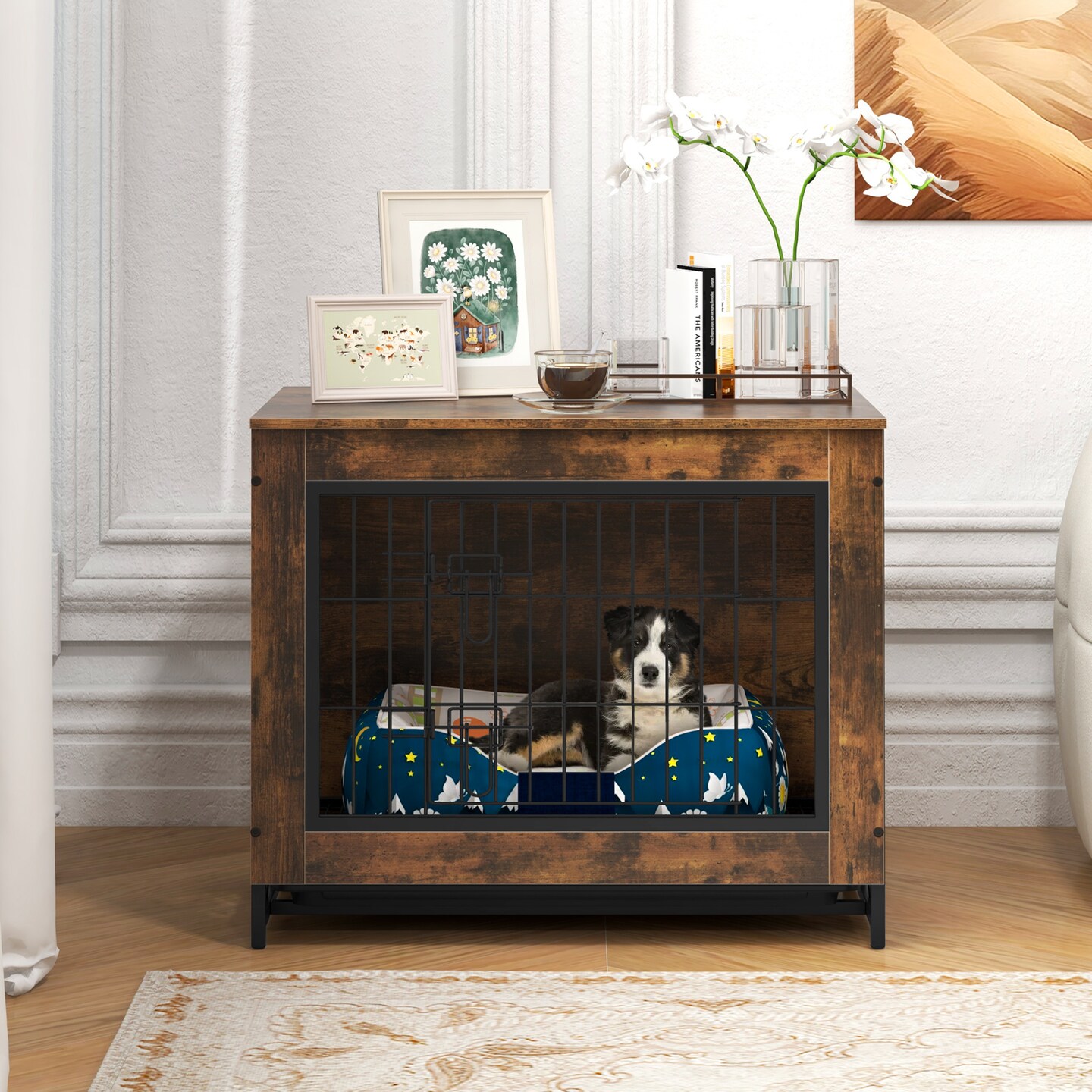 Rustic Brown MDF Metal Dog Crate Furniture with Dual Lockable Doors and Pull-Out Tray