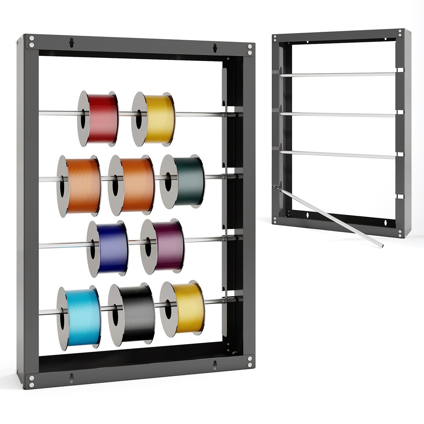 Grey Wall Mounted Wire Spool Rack with 4 Galvanized Metal Rods