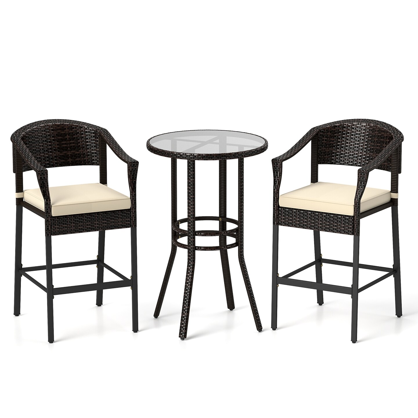 3-Piece Patio Rattan Bar Set with Round Glass Table-Top and 2 Armchairs