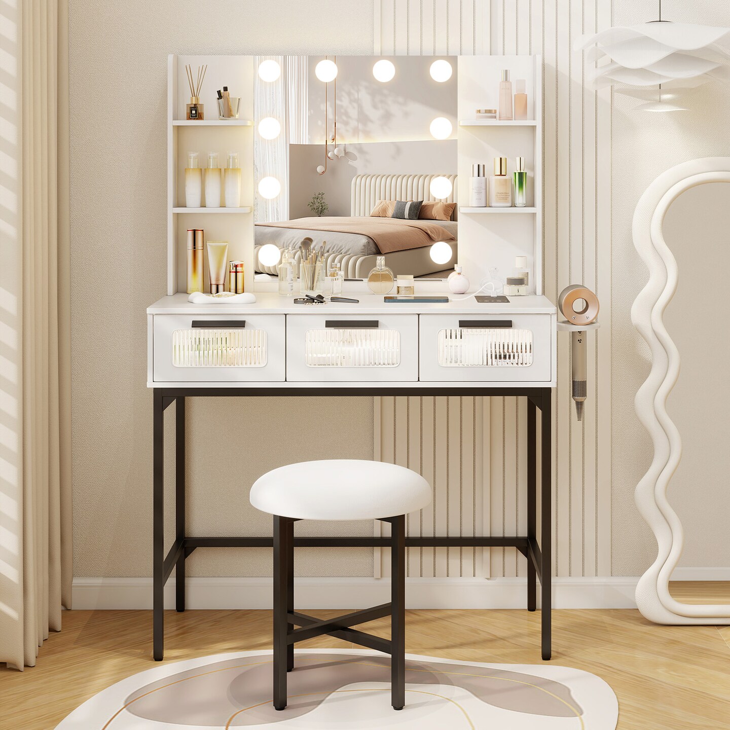 White Vanity Set with 3-Color LED Mirror, Charging Station &#x26; Storage