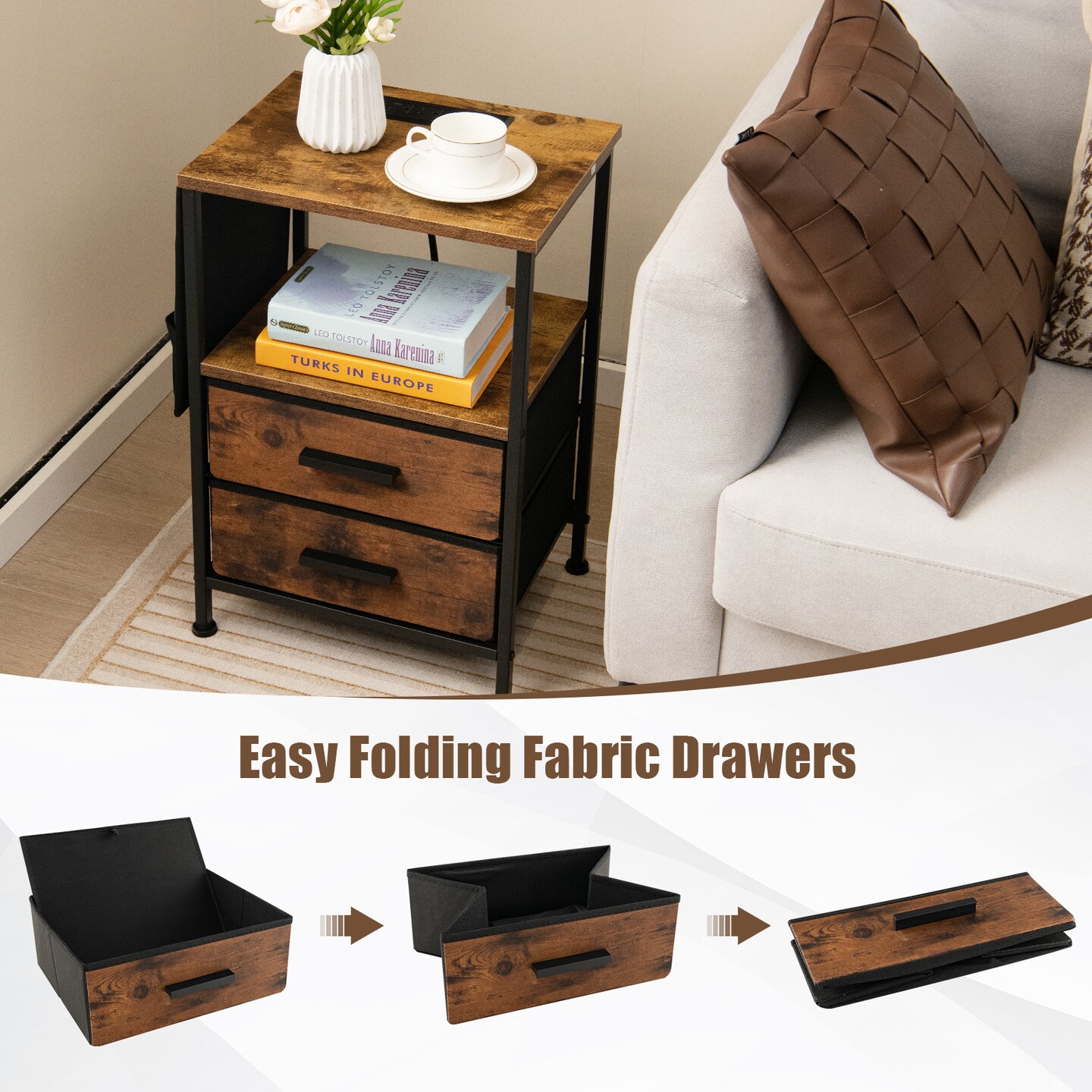 Rustic Brown Bedside Table with USB Ports and AC Outlets Perfect for Any Room