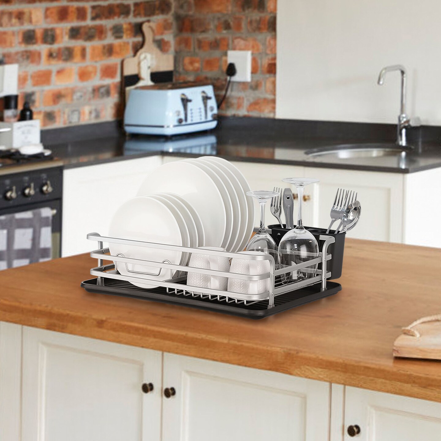Smart Space-Saving Steel Dish Drying Rack with Removable Cutlery Holder &#x26; Drainer Tray &#x2013; Anti-Slip Base &#x2013; Compact for Apartments (16.92&#x201D;L x 12.4&#x201D;W)