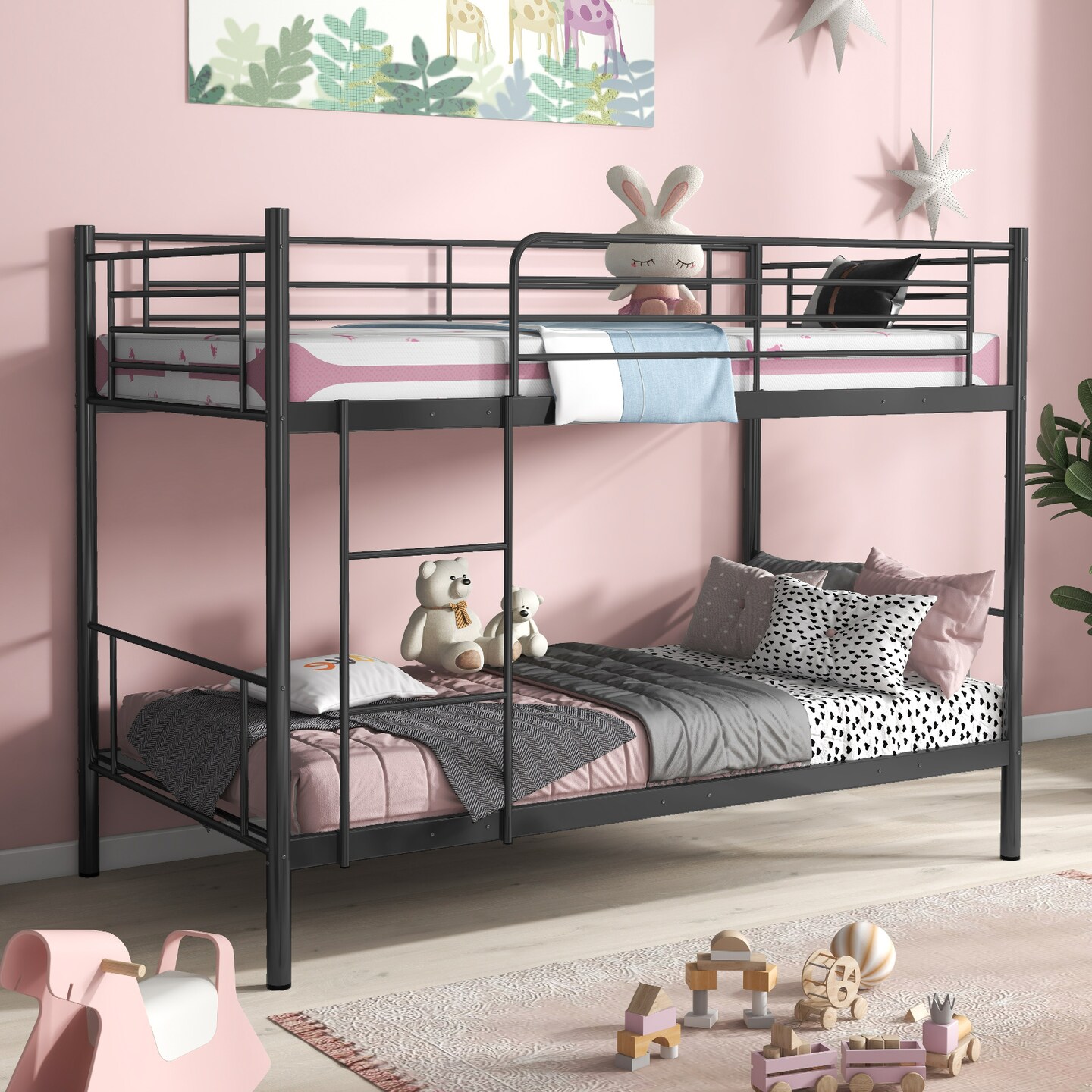 Black Metal Twin Over Twin Bunk Bed with High Guardrails and Ladder