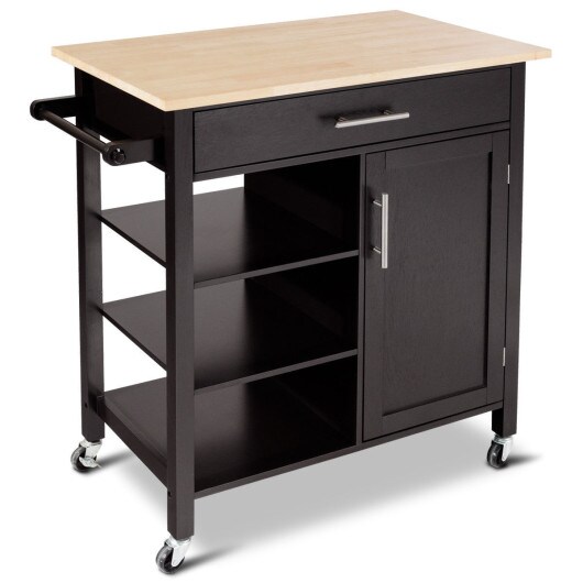 Brown and Natural Wood Kitchen Trolley Cart with Storage and Lockable Wheels