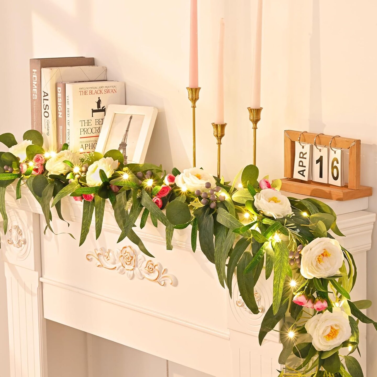 Flower Garland with Lights, Greenery Floral Garland with Camellia Rose Buds Fake Flowers for Wedding Arch Party Tables Mantle Backdrop Room Decor