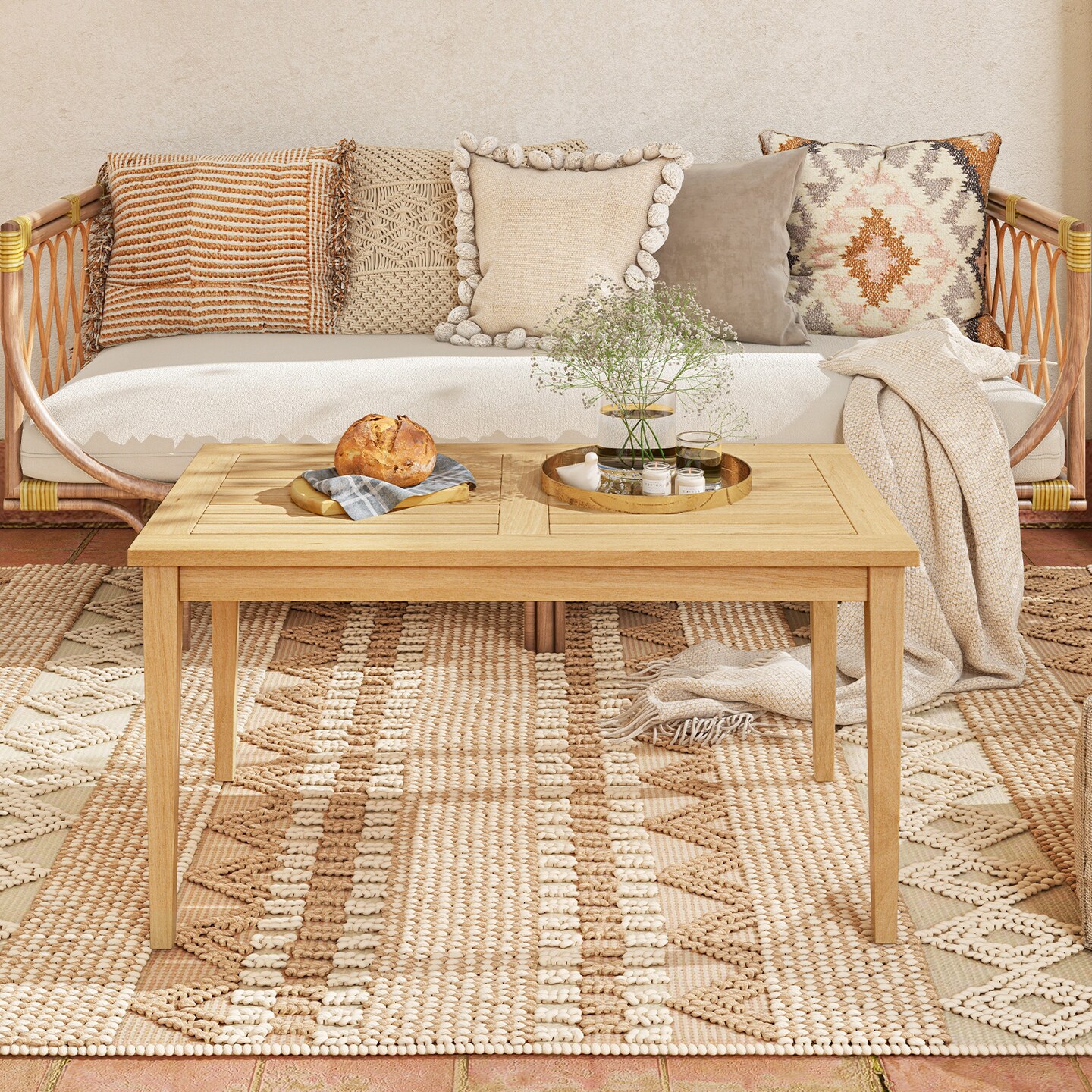 Natural Teak Wood Coffee Table with Slatted Top and Stable Structure