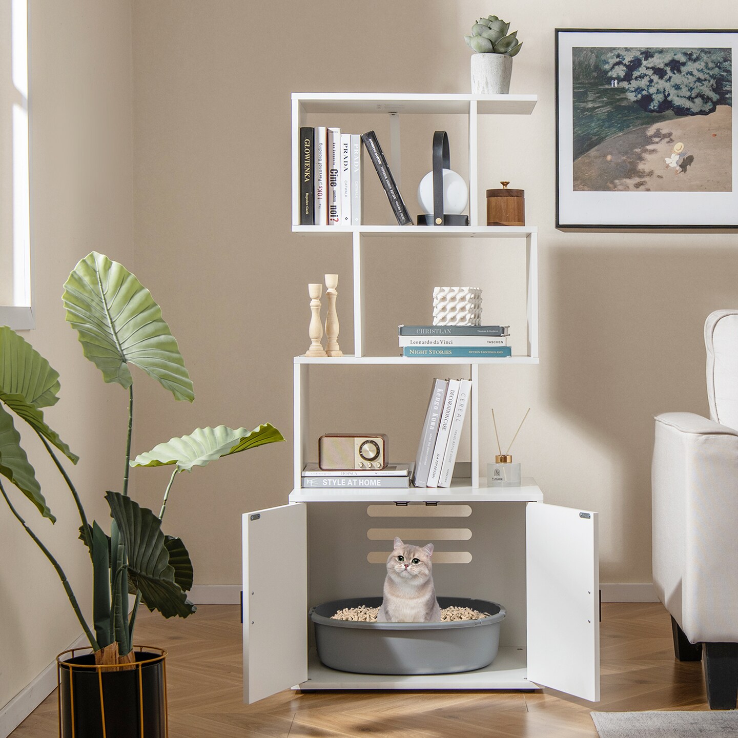 MDF Metal Cat Cabinet with Shelves and Litter Box Enclosure