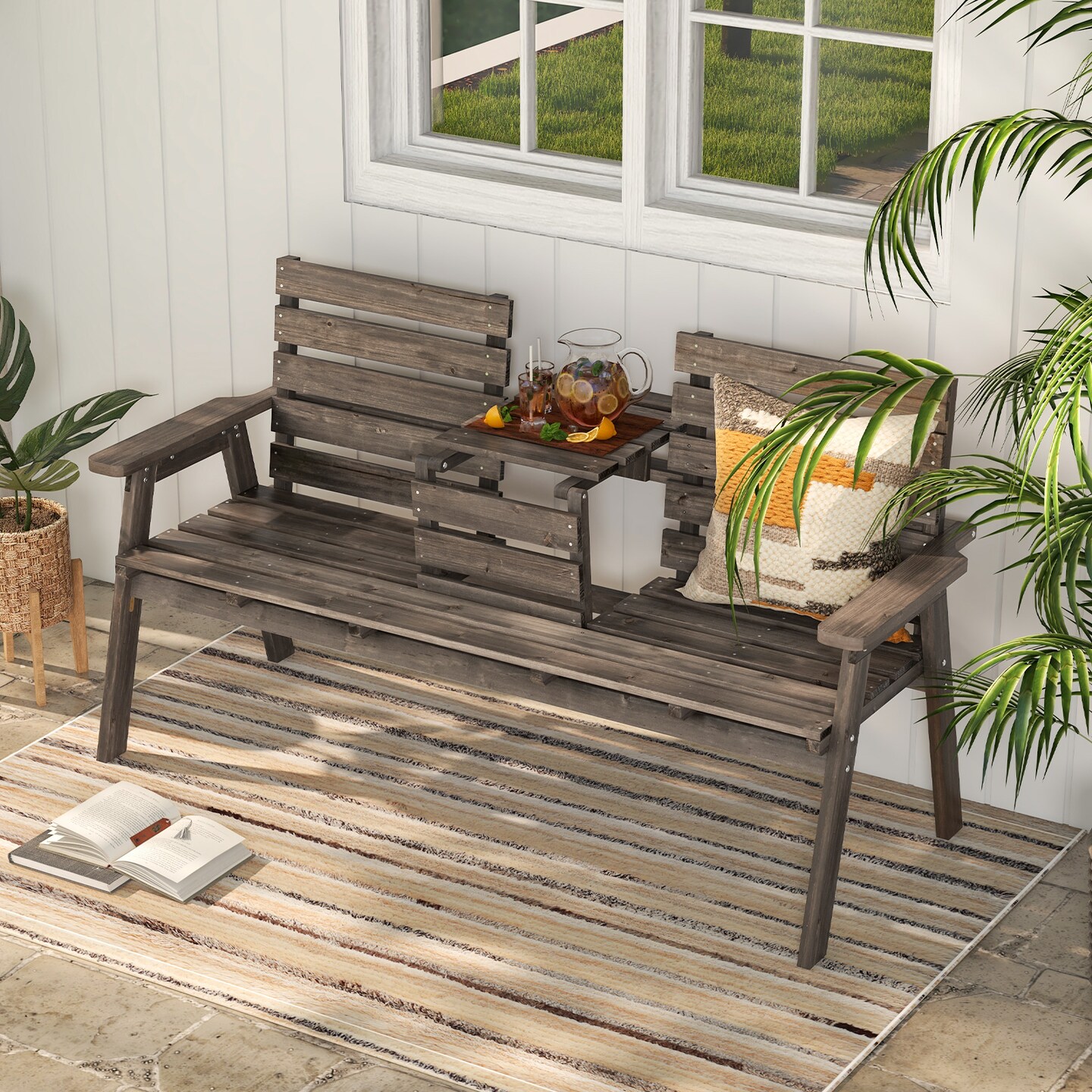 Coffee Wooden Outdoor Bench with Foldable Middle Table Ideal for 2-3 People