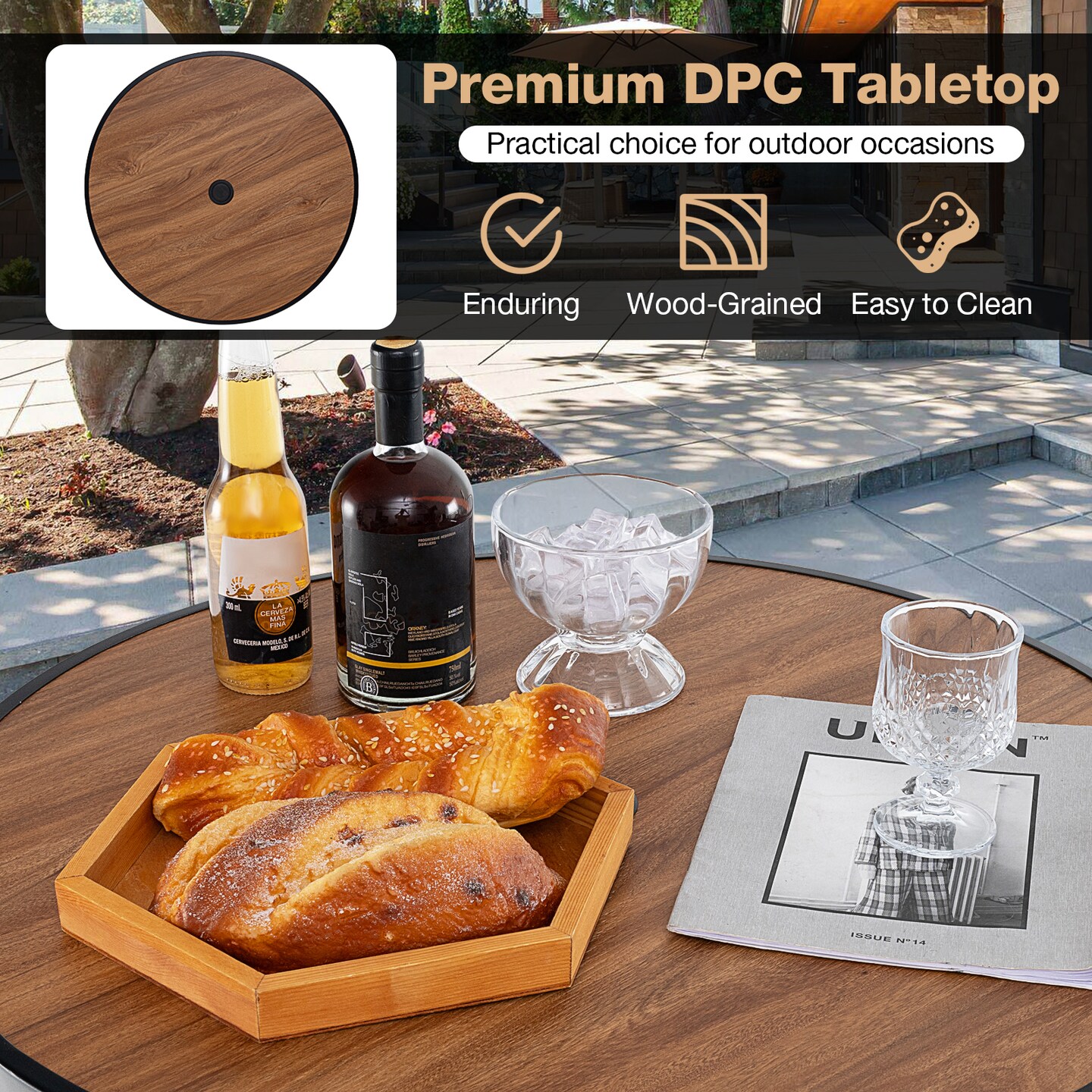 Outdoor Bar Table with Umbrella Hole, Footrest and Metal Base