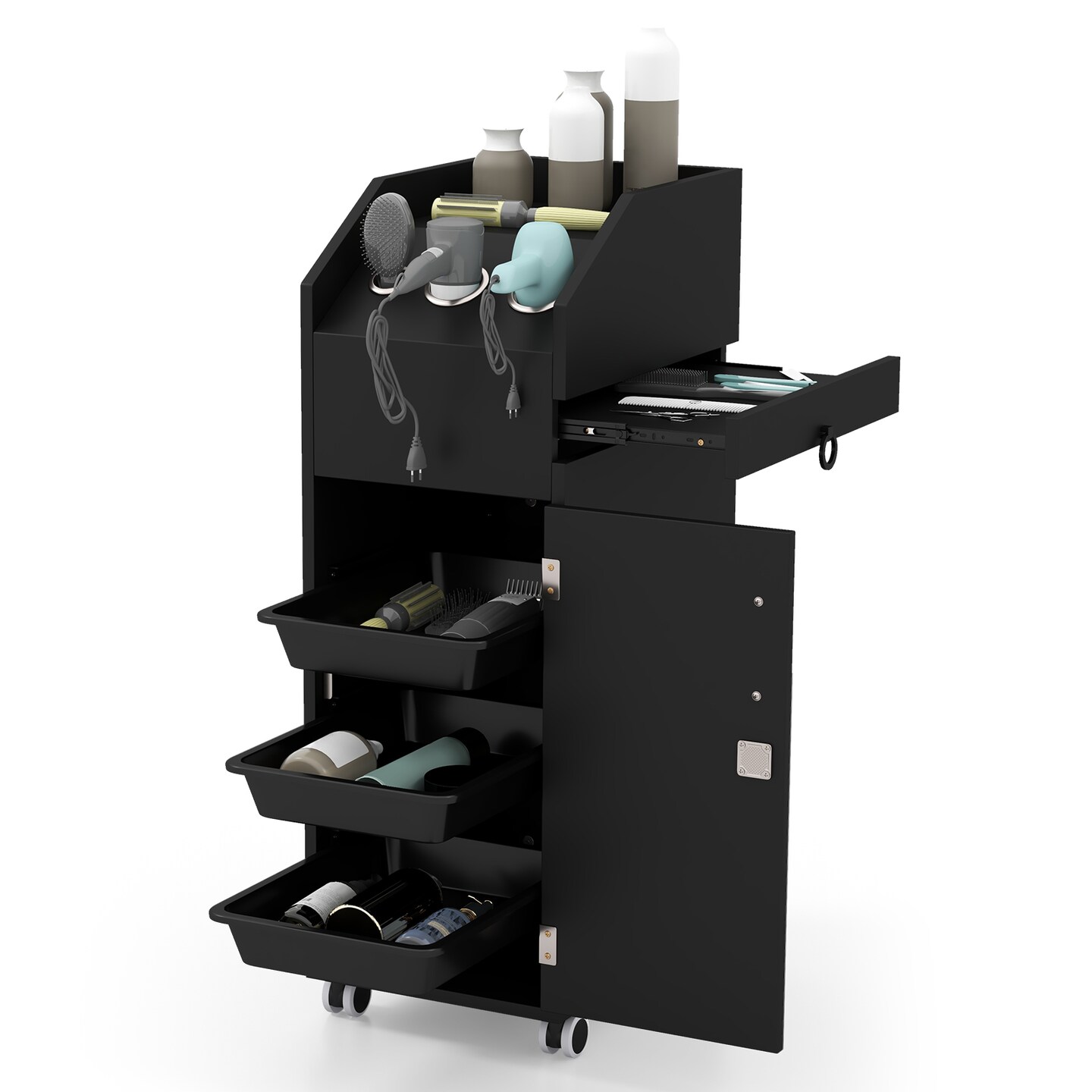 Salon Trolley Cart 360° Rolling Tool Cart Mobile Storage Station with 4 Lockable Wheels-Black