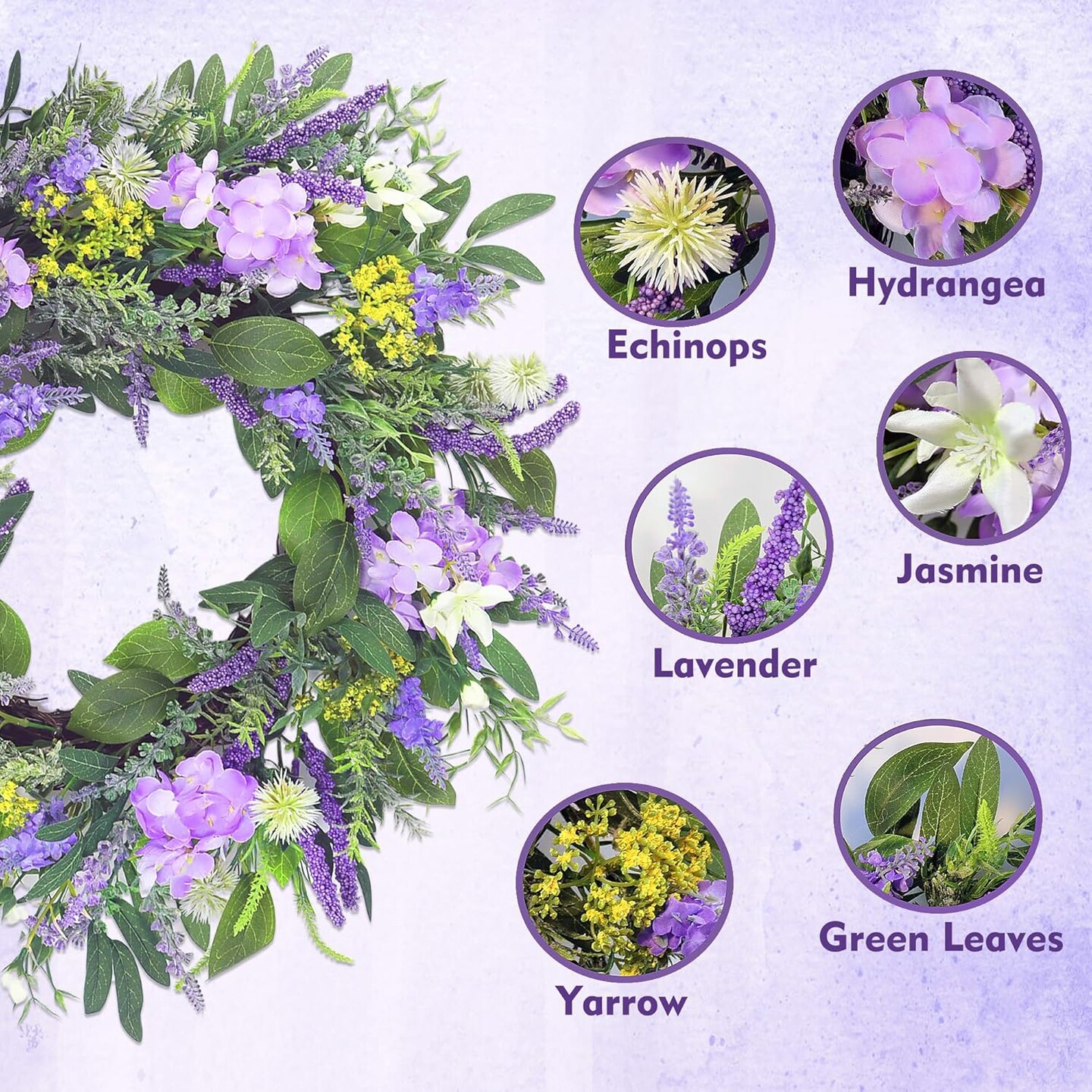21 Inch Spring Wreath for Front Door,Artificial Summer Wreath with Lavender Hydrangeas and Greenery Leaves,Purple Flower Wreath for Home Wall Window Farmhouse Party Holiday Decor