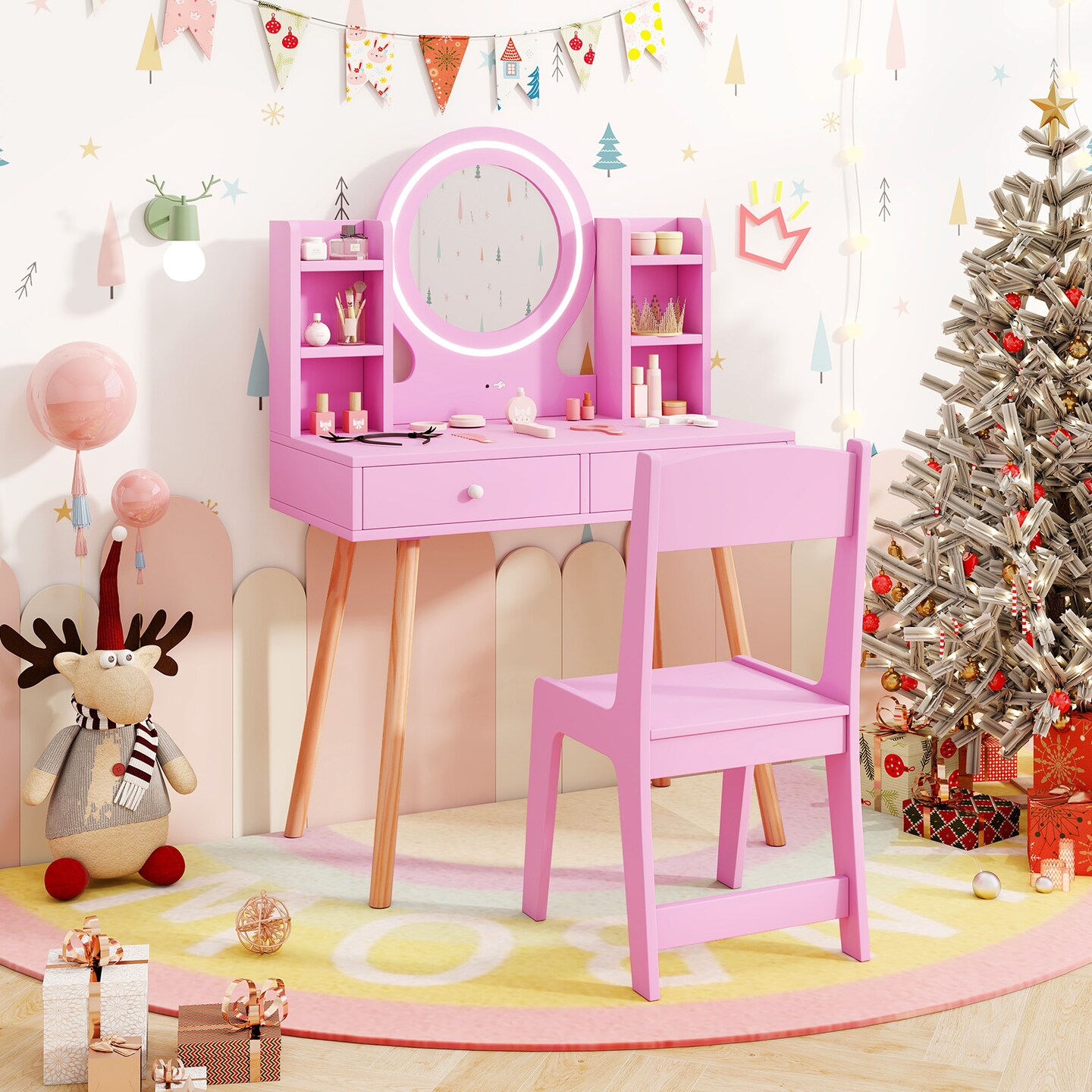 MDF and Pine Wood Kids Vanity Set with LED Mirror, Storage and Chair