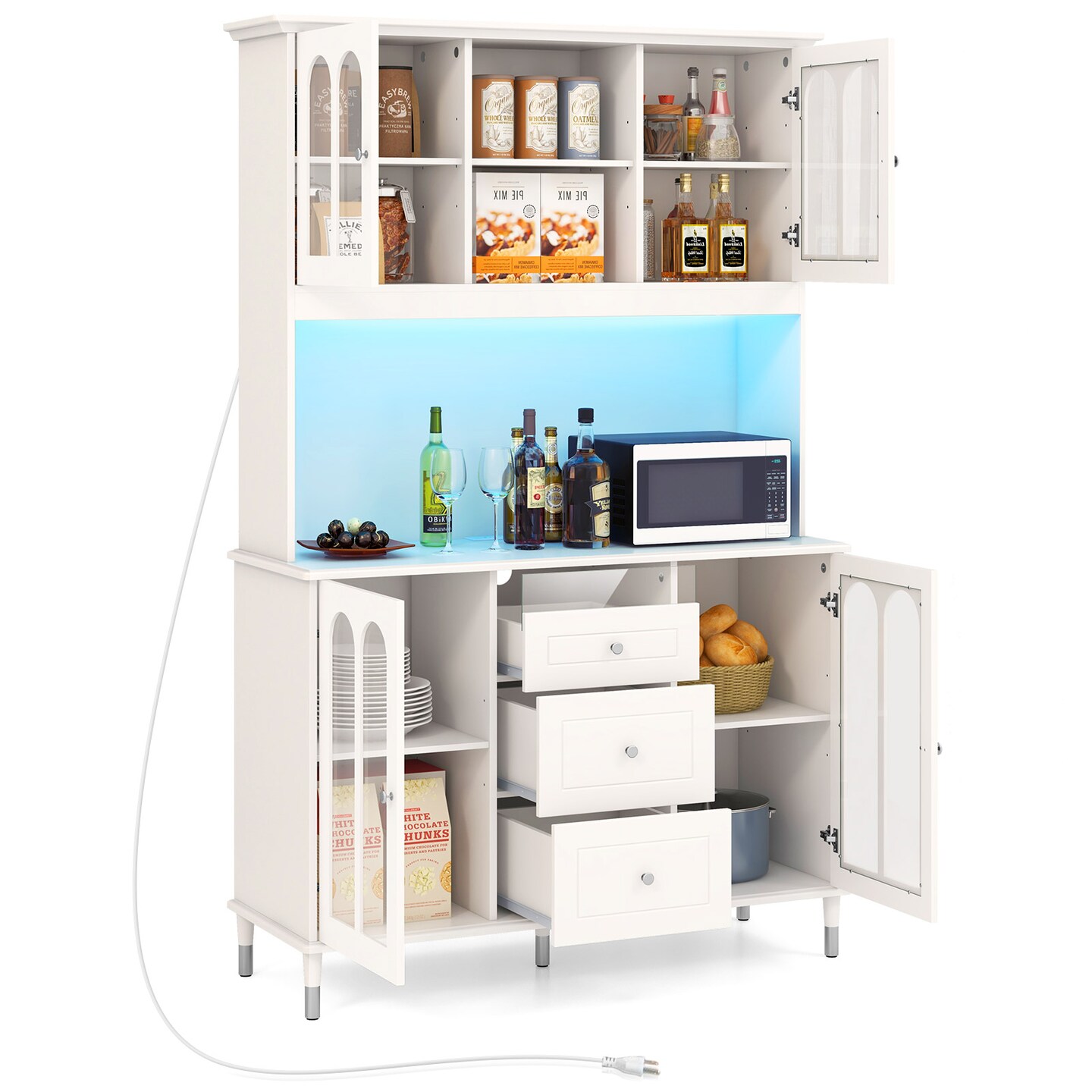 White MDF Engineered Wood Kitchen Pantry Cabinet with LED Lights and Power Outlets