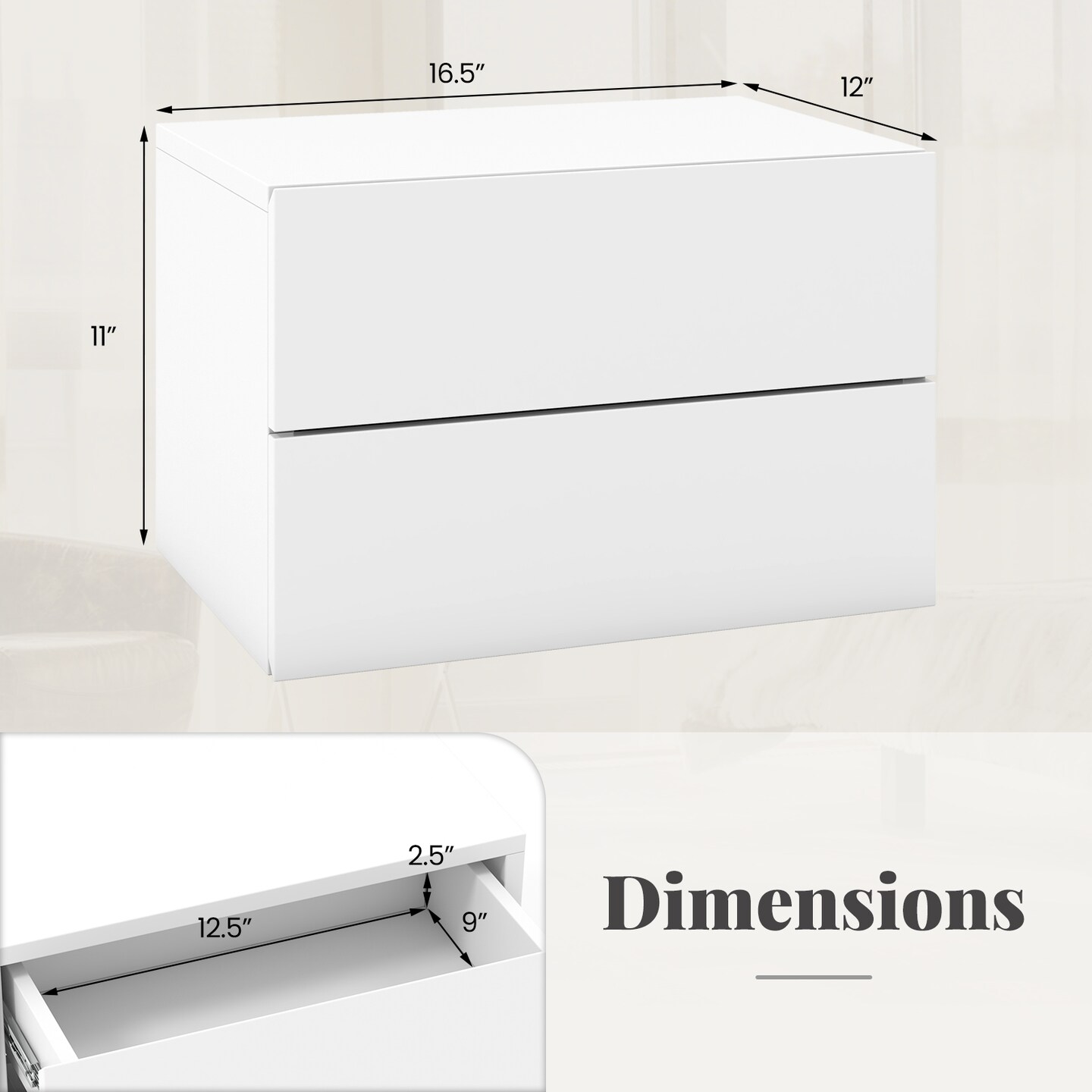 Floating Nightstand with 2 Drawers, Wall-Mounted and Modern Design