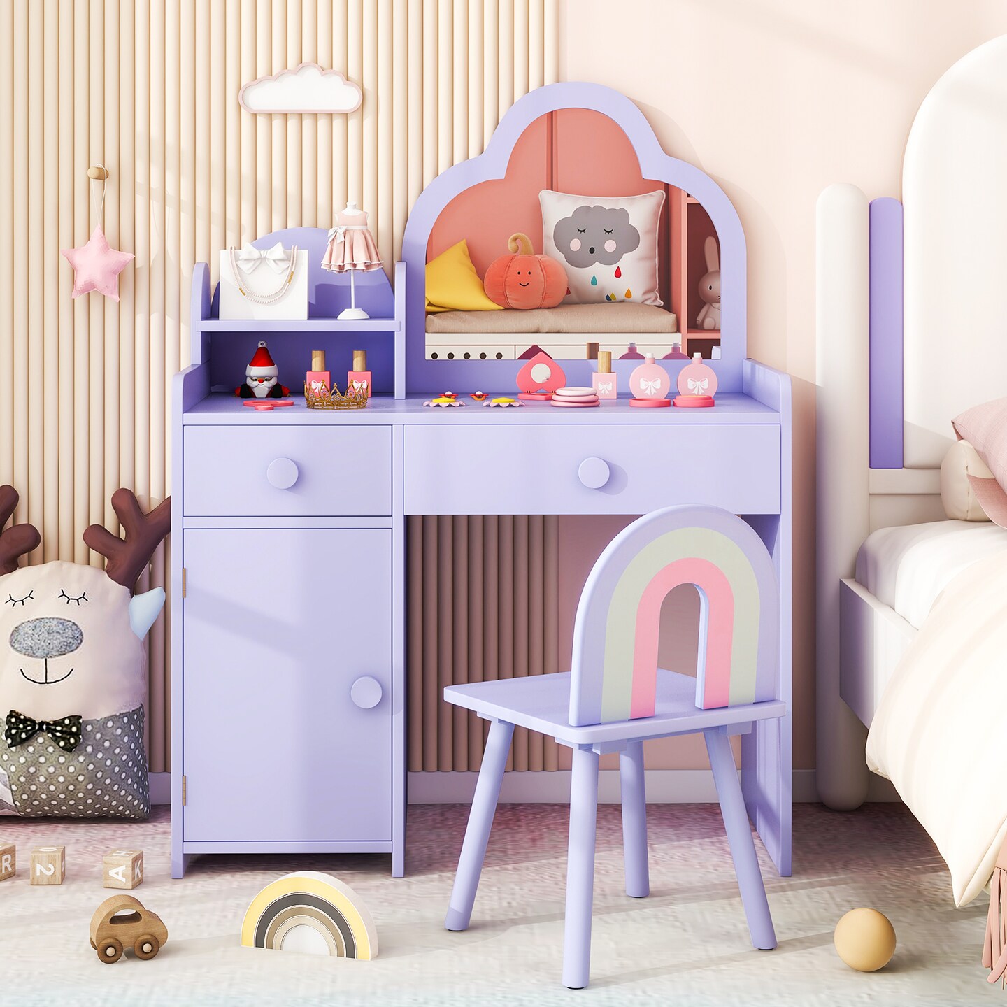 Kids Vanity Set, Cloud Shape Mirror, Storage and Pine Wood Stool