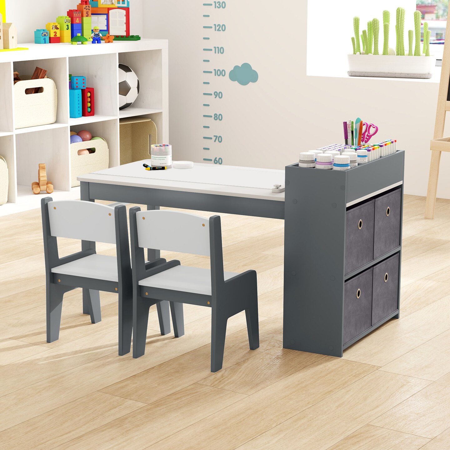 MDF and Metal Kids Art Table Set with Chairs, Storage and Paper Roll