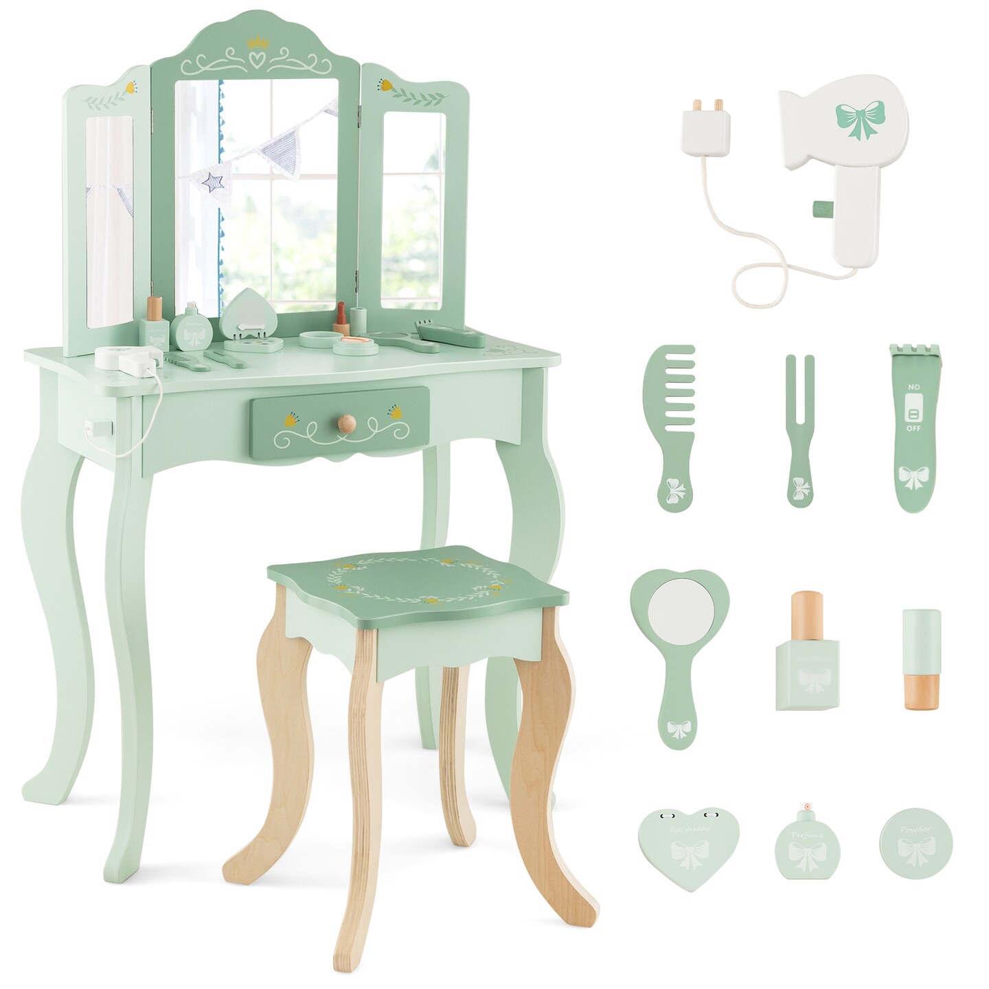 MDF Kids Vanity Set with Mirror, Drawer, Stool, Accessories and Convertible Design