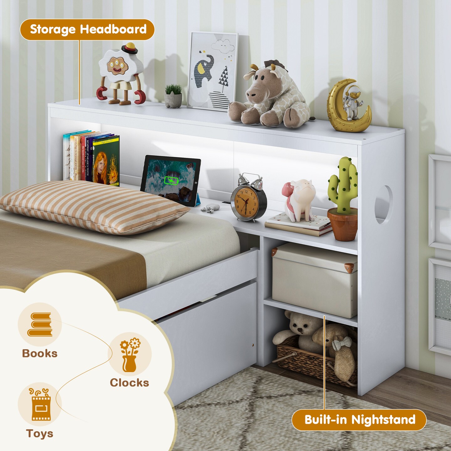 Solid Wood Bed with Storage Headboard, LED Light, USB Ports and Drawers